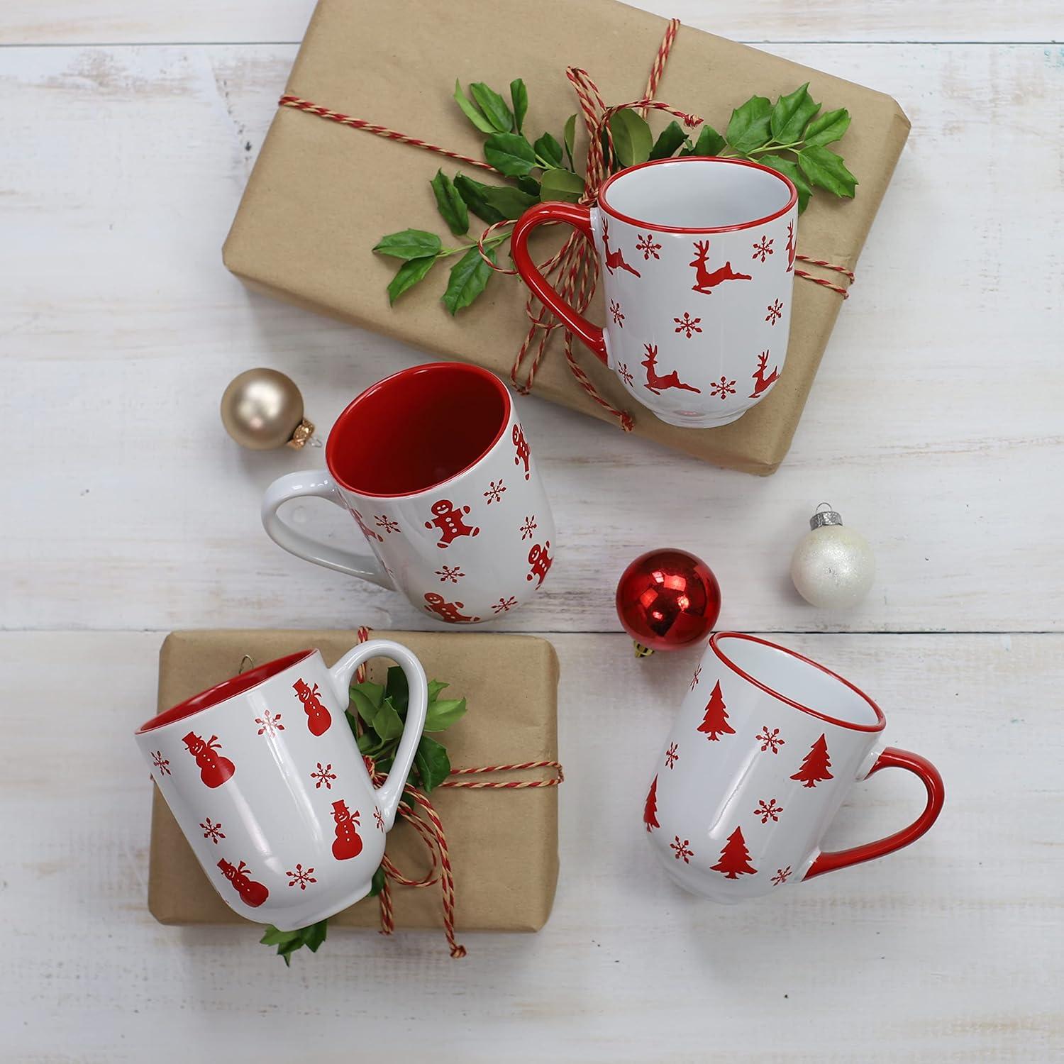 Winterfest Ceramic 12oz Christmas Mugs Set of 4, Red and White