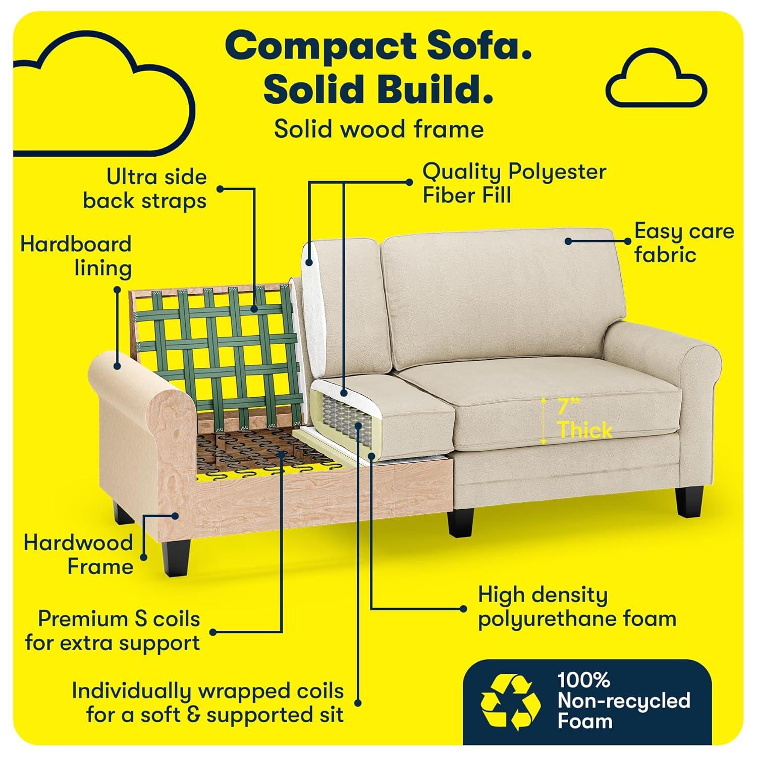 Serta Copenhagen 78" Rolled Arm Sofa, Easy Care Fabric, Soft Pillow Back, Pocket Coil Seat Cushions