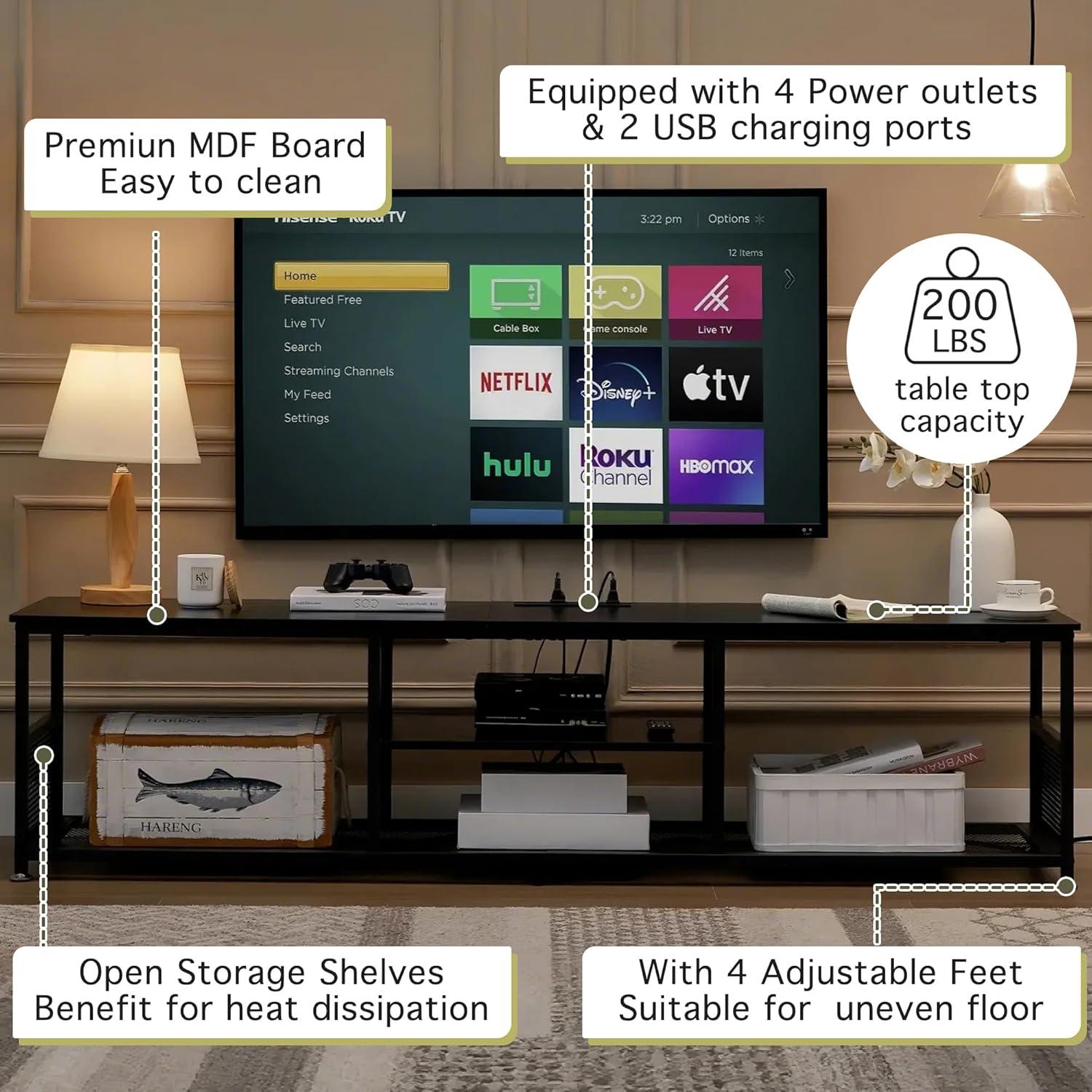 VECELO TV Stand with Power Outlets for Televisions up to 55 Inch, 47" Media Entertainment Center with Charging Station 3-Tier Open Storage Shelves with Metal Frame for Living Room/Bedroom，Black