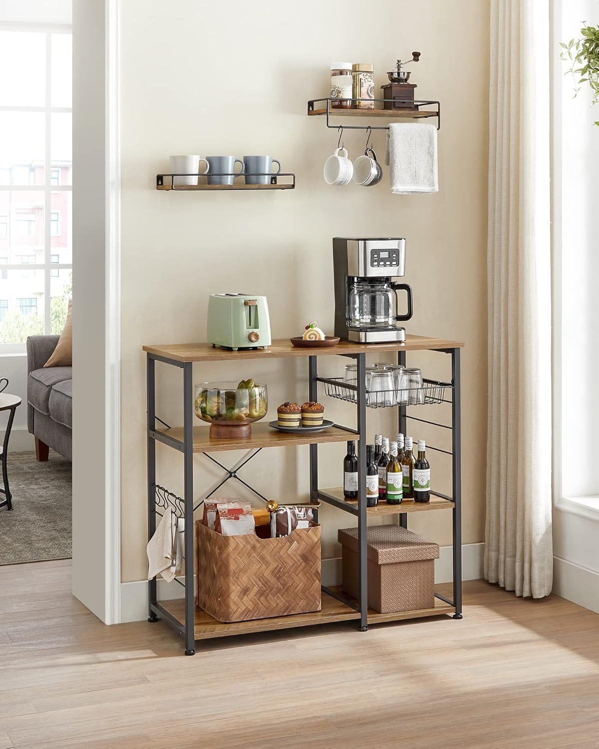 ALINRU Kitchen Baker’s Rack Coffee Bar Microwave Oven Stand 6 Hooks for Mini Oven Rustic Walnut and Black