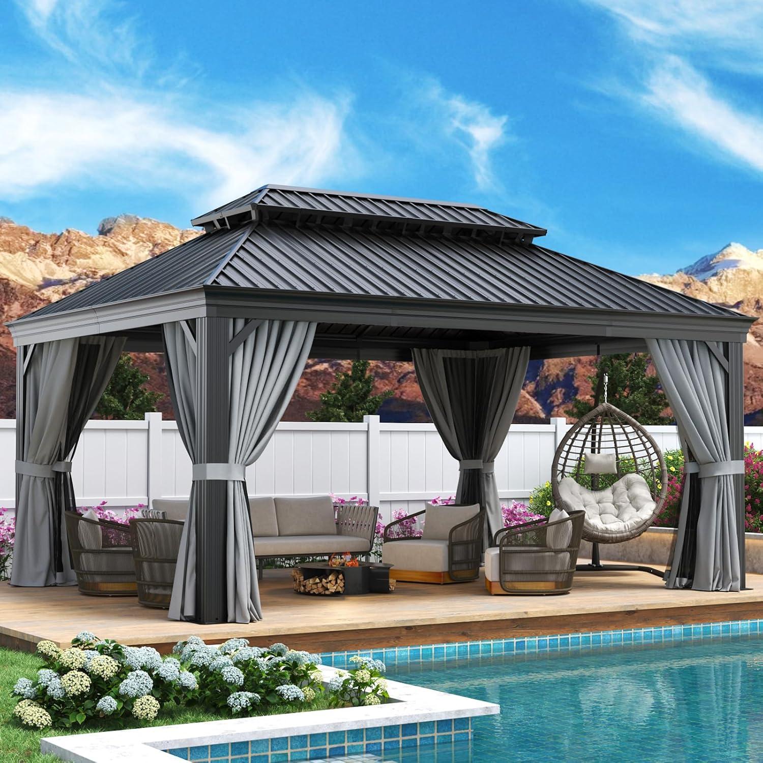 Kozyard Kozyard Alexander Gray Double Roof Hardtop Gazebo with Privacy Curtain Mosquito Netting