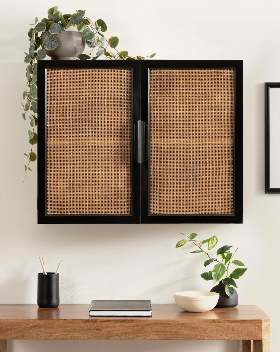 Kate and Laurel Ori Transitional Cane Wall Cabinet with Door, 15 x 7 x 24, Painted White Wood and Natural Rattan, Decorative Rattan Over the Toilet Cabinet with Three Shelves for Decor and Display