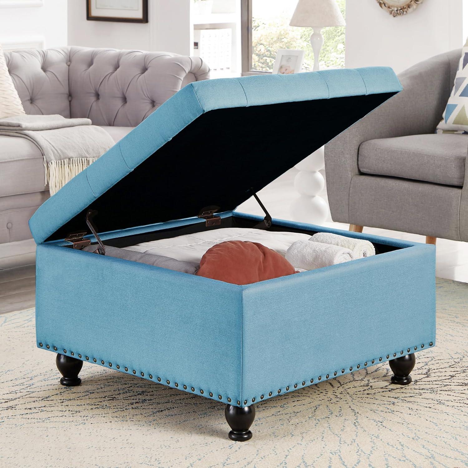 Light Blue Linen Upholstered Square Storage Ottoman with Nail Trim