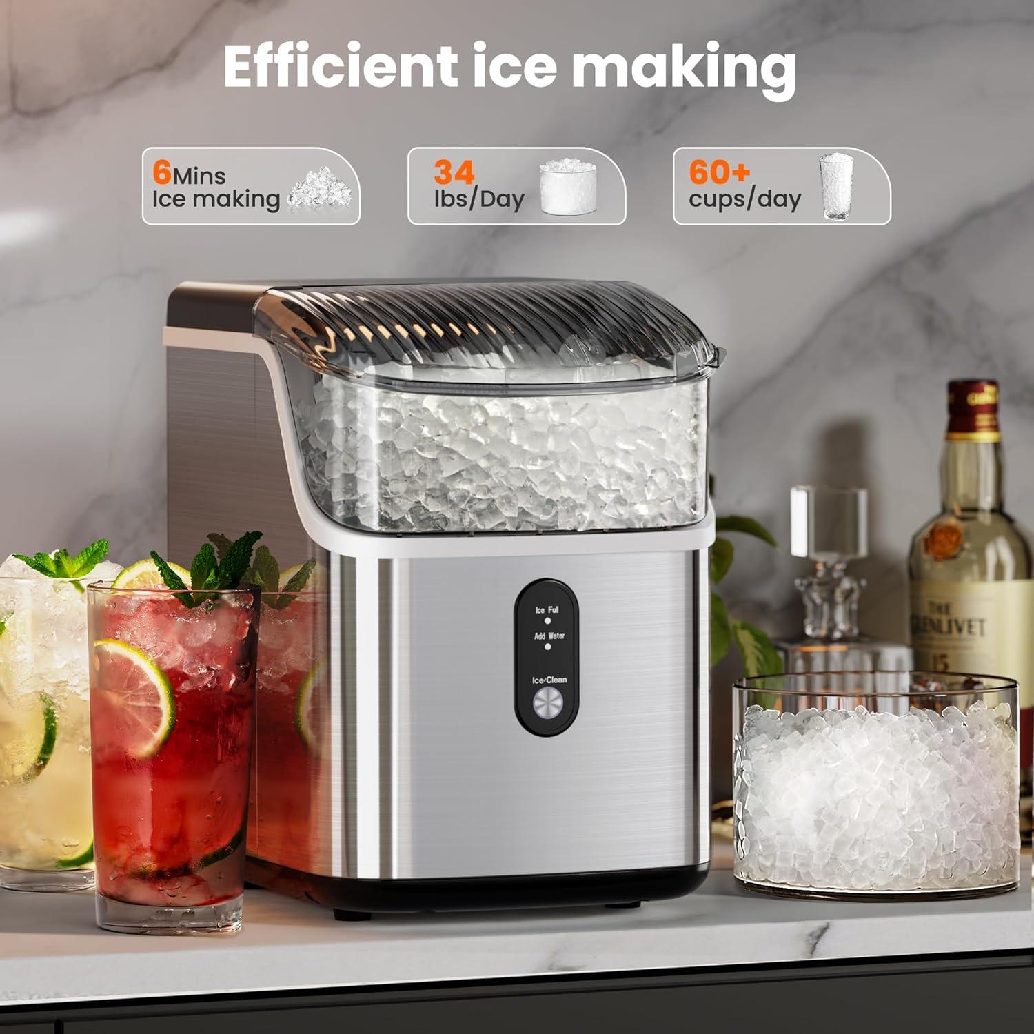 Silver Portable Countertop Nugget Ice Maker with Ice Scoop