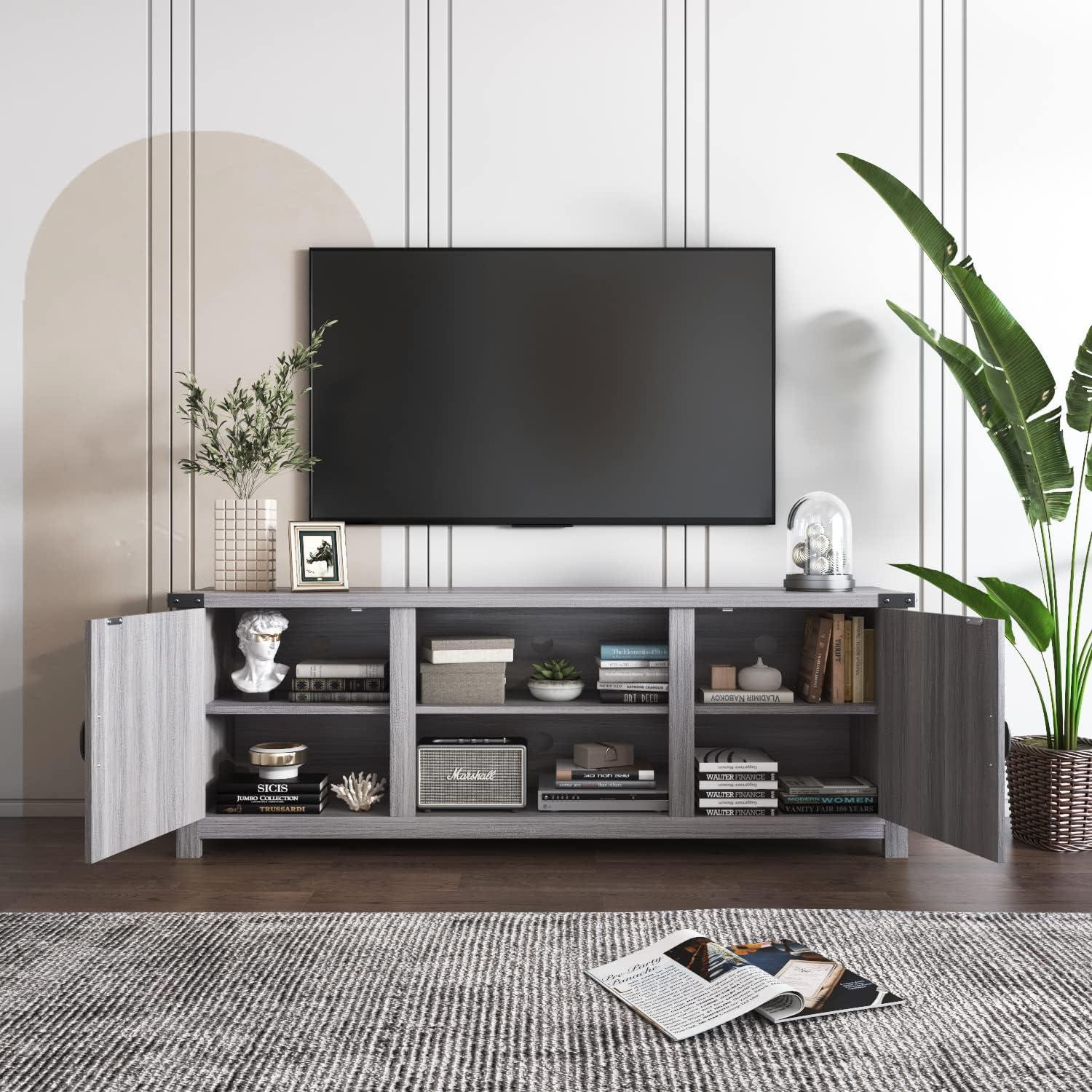 Gray Wash Barn Door TV Stand with Storage Cabinets