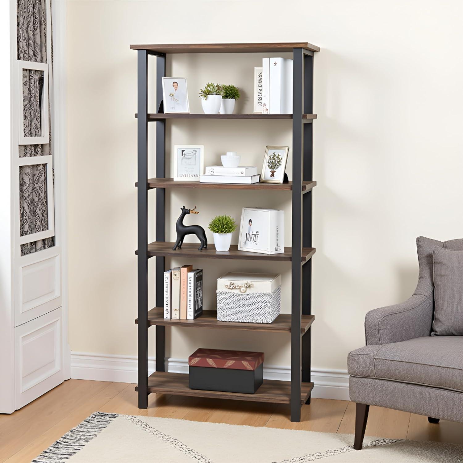 Alaterre Furniture Pomona 70 in. Tall 5-Shelf Solid Pine Wood & Metal Bookcase, Bookshelf for Home Office, Living Room or Bedroom, Natural