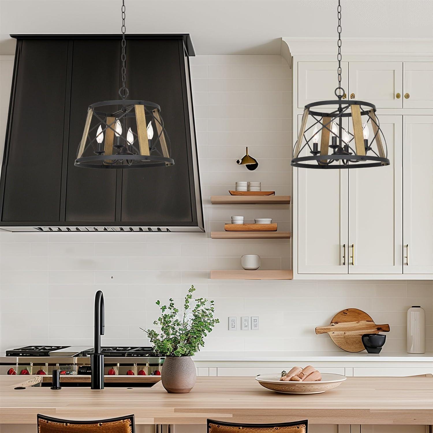 Kira Home Napa 18" Farmhouse Round Pendant Chandelier, Open Cage Design, Smoked Birch Wood, Perfect for Dining Rooms