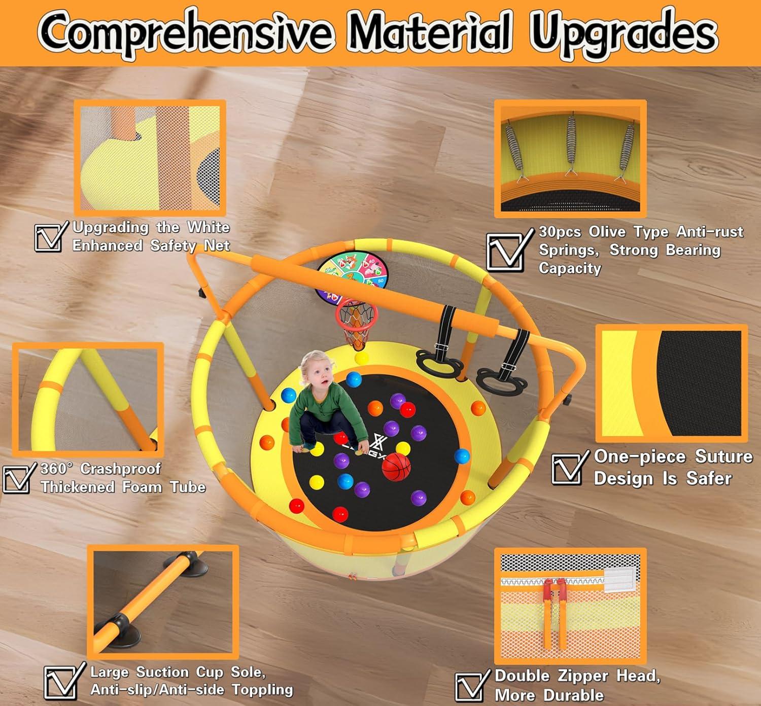 LANGXUN 60" Kids Trampoline, 5ft Toddler Mini Trampoline Indoor Outdoor Toys with Swing & Basketball Hoop & Dart Board, Gymnastics Bar, Birthday Gifts for Girls Boys Age 1-8 (Orange&Yellow)