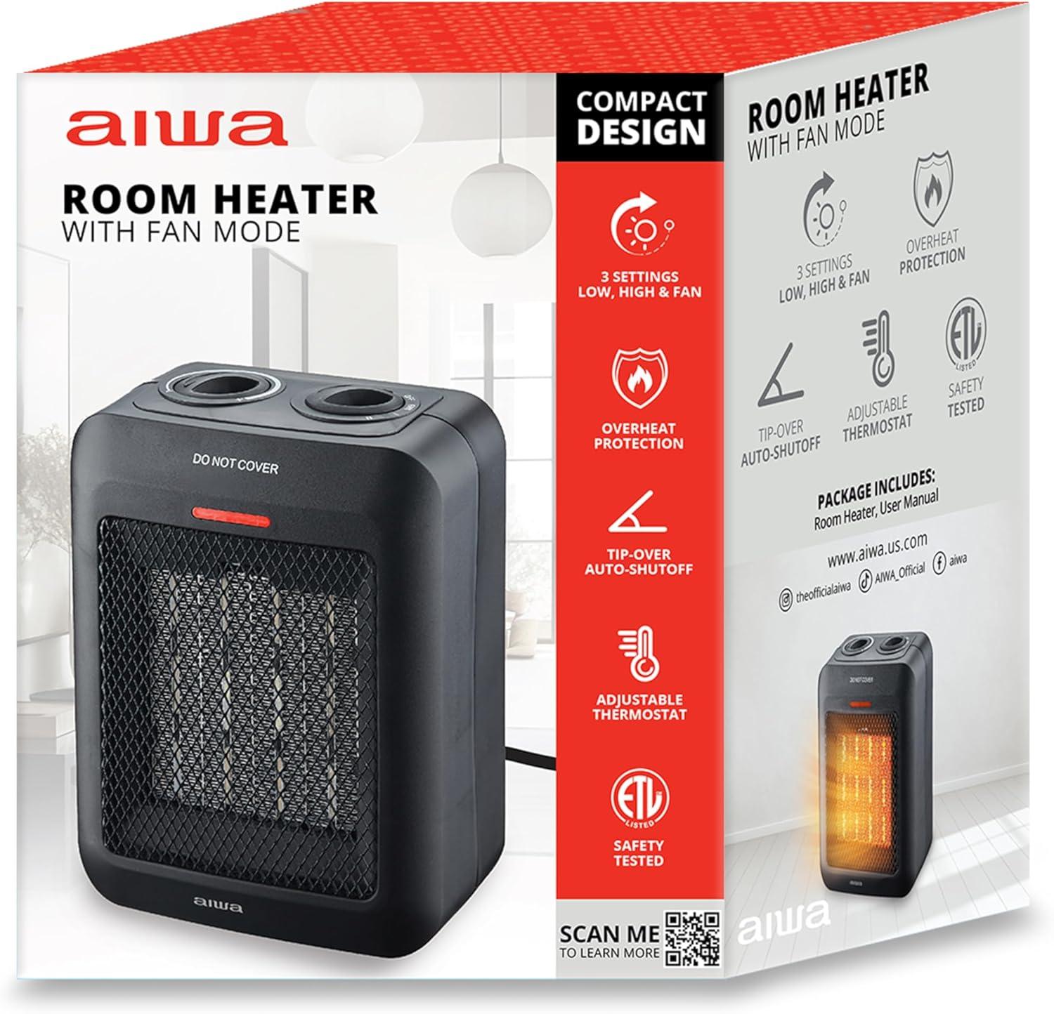 Aiwa 1500W Small Ceramic Room Heater, Overheat Protection, Tip over Auto Shutoff - Black