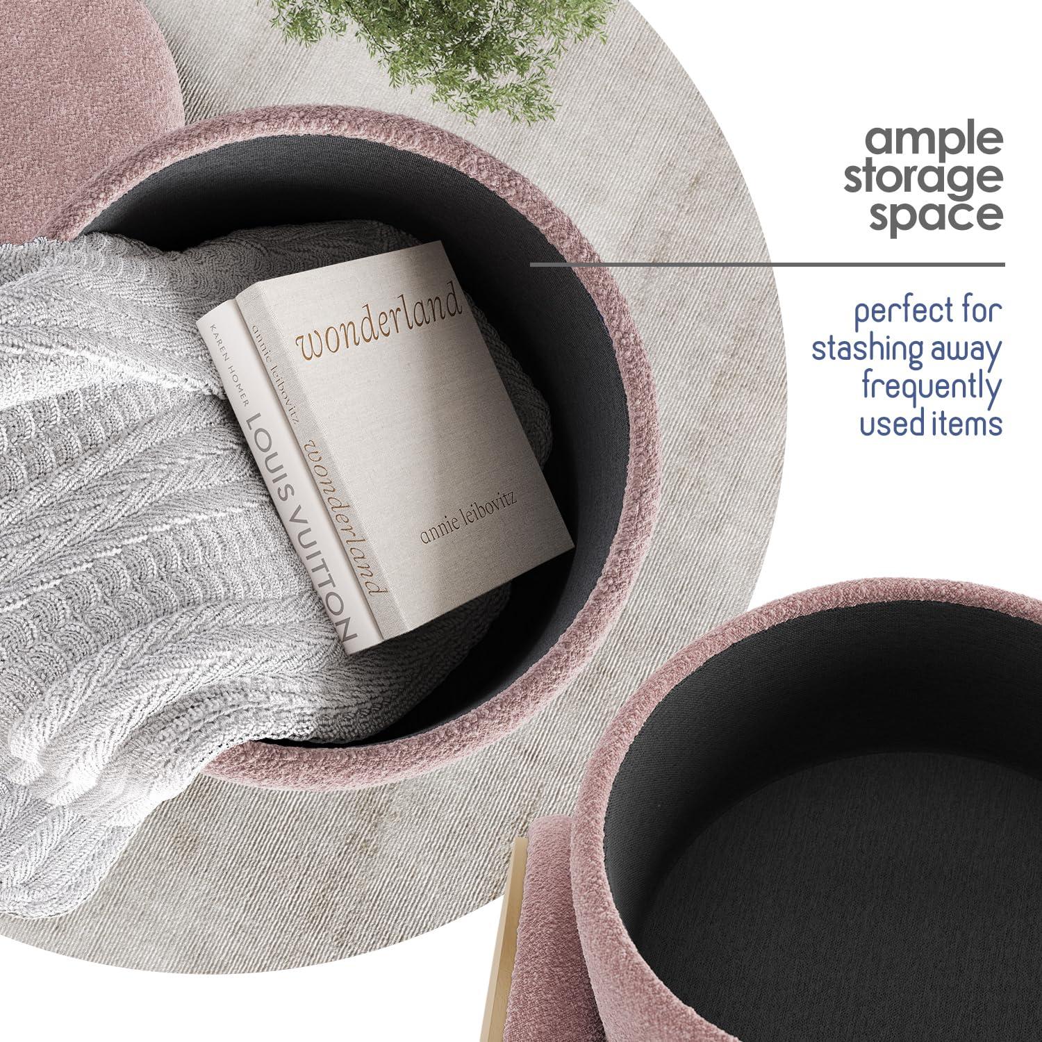 StorageBud Round Ottoman with Storage, Boucle Storage Ottoman, Modern Foot Stool Ottoman for Living Room and Bedroom, Pink/Gold Legs
