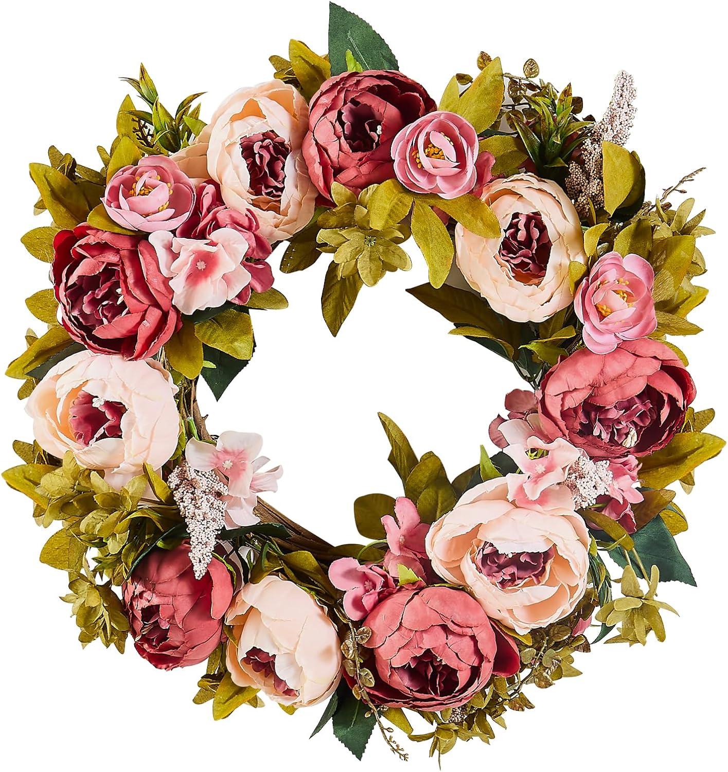 VEVOR Spring Wreath for Front Door 19 Inch - Artificial Peony Floral Wreath with Greenery, Year-Round All Season Outdoor Indoor Decor
