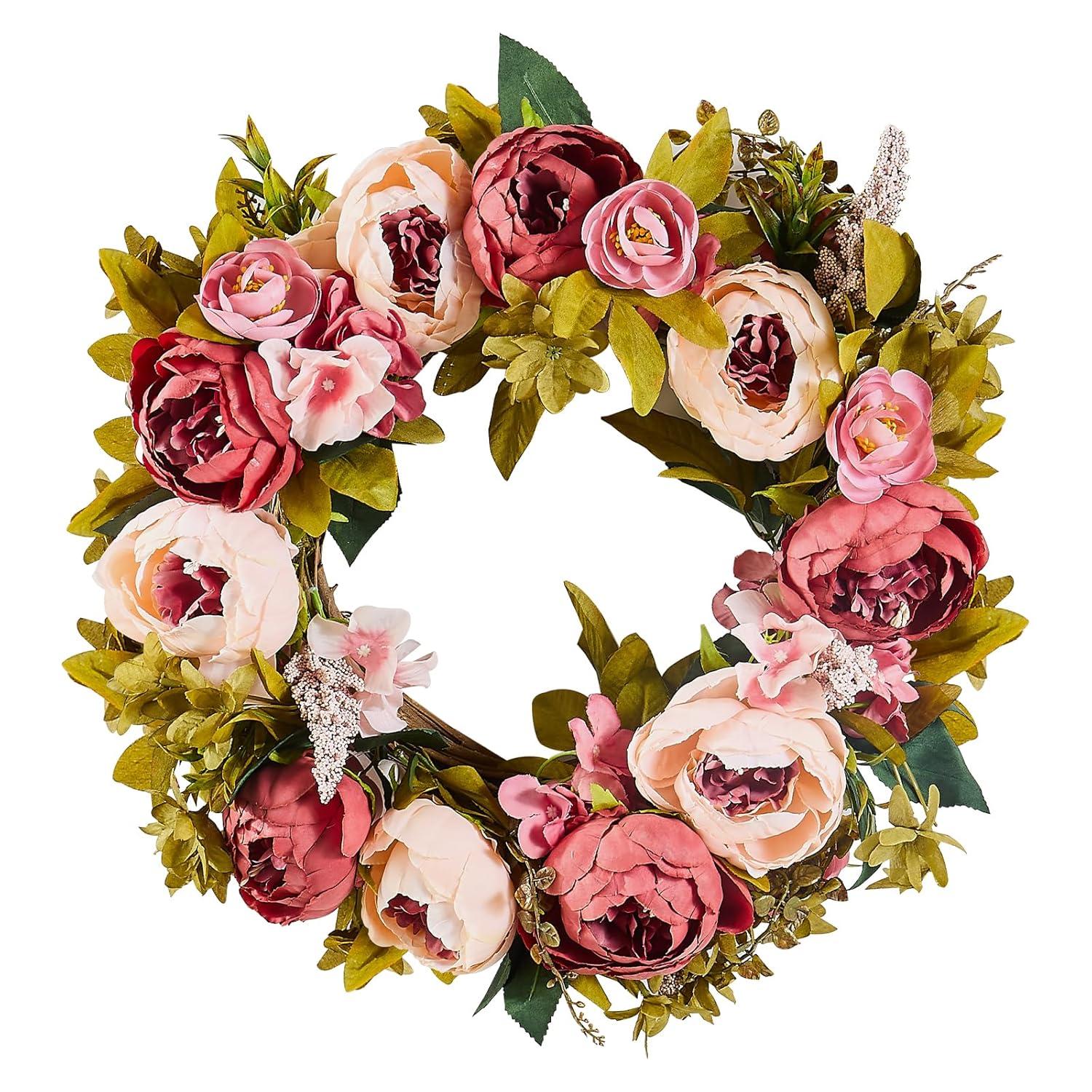 VEVOR Spring Wreath for Front Door 19 Inch - Artificial Peony Floral Wreath with Greenery, Year-Round All Season Outdoor Indoor Decor