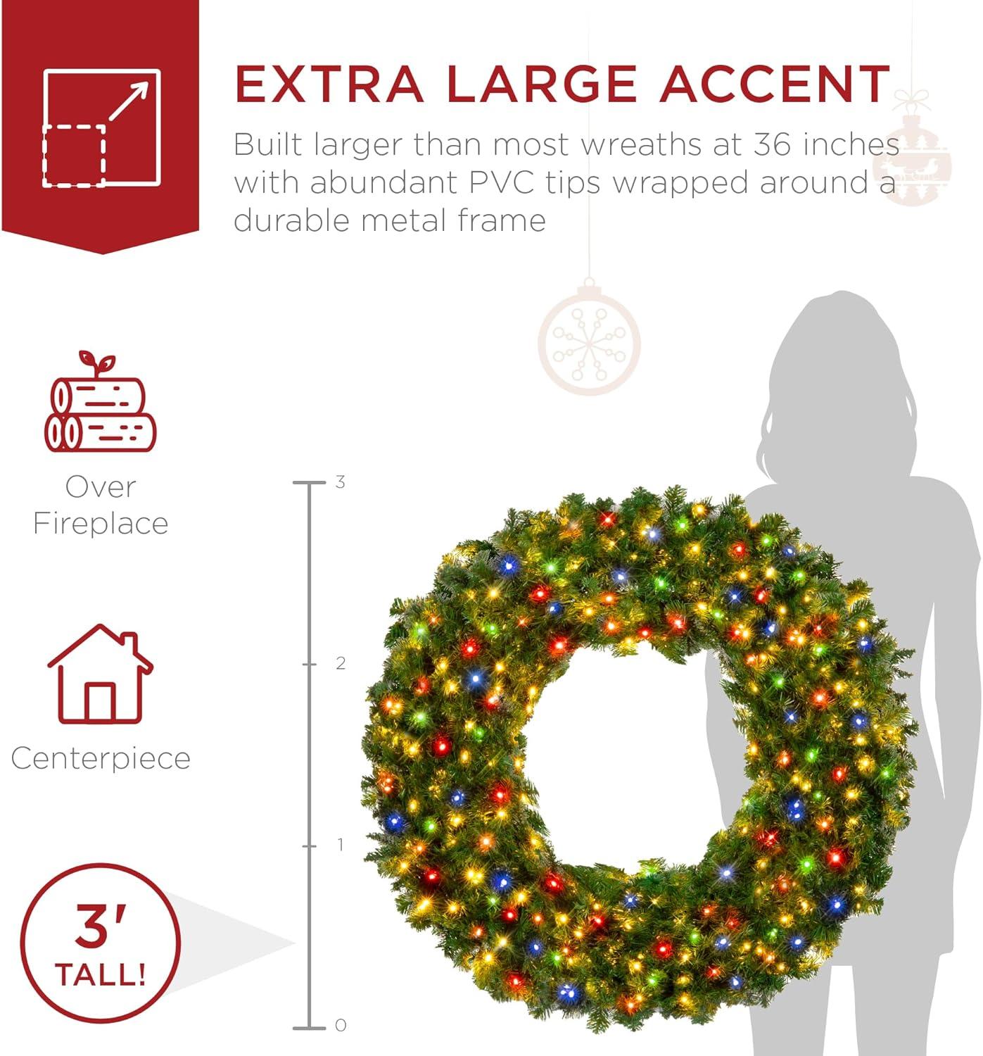 Best Choice Products 36in Artificial Pre-Lit Fir Christmas Wreath Decoration w/ 150 Multicolor Lights, 300 Tips