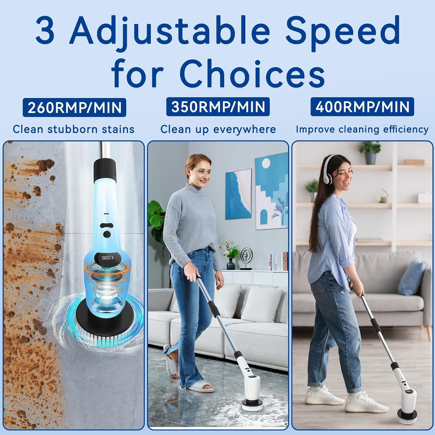 Electric Spin Scrubber，Upgrade Electric Spin Cordless Tub and Tile Scrubber w/ Adjustable Extension Arm，3 Speed 7 Replaceable Cleaning Heads，Power Spin Scrubbers Cleaning Bathroom，Floor，Car