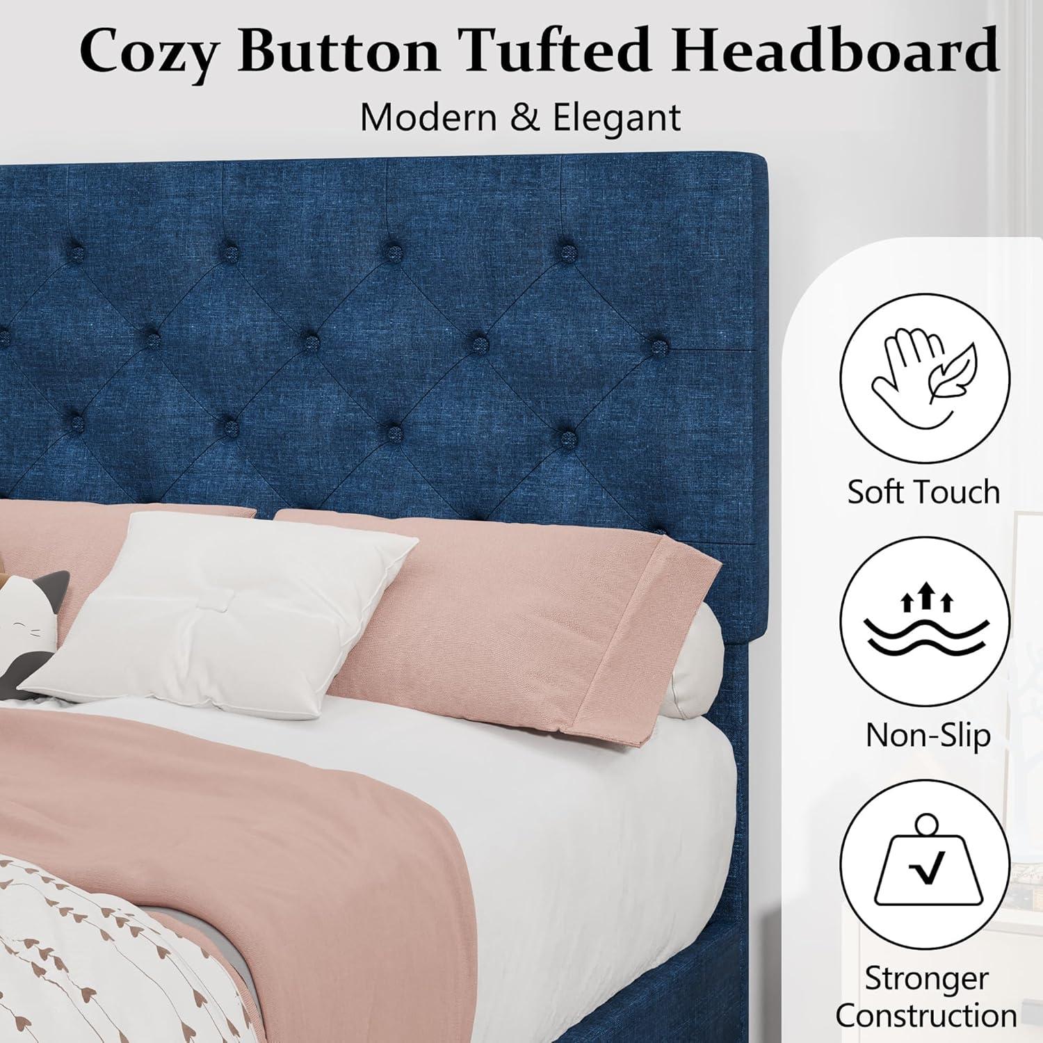 King Size Bed Frame, Upholstered Platform Bed Frame King with Button Tufted Headboard, Wooden Slats Support, No Box Spring Required, Easy Assembly, Navy Blue