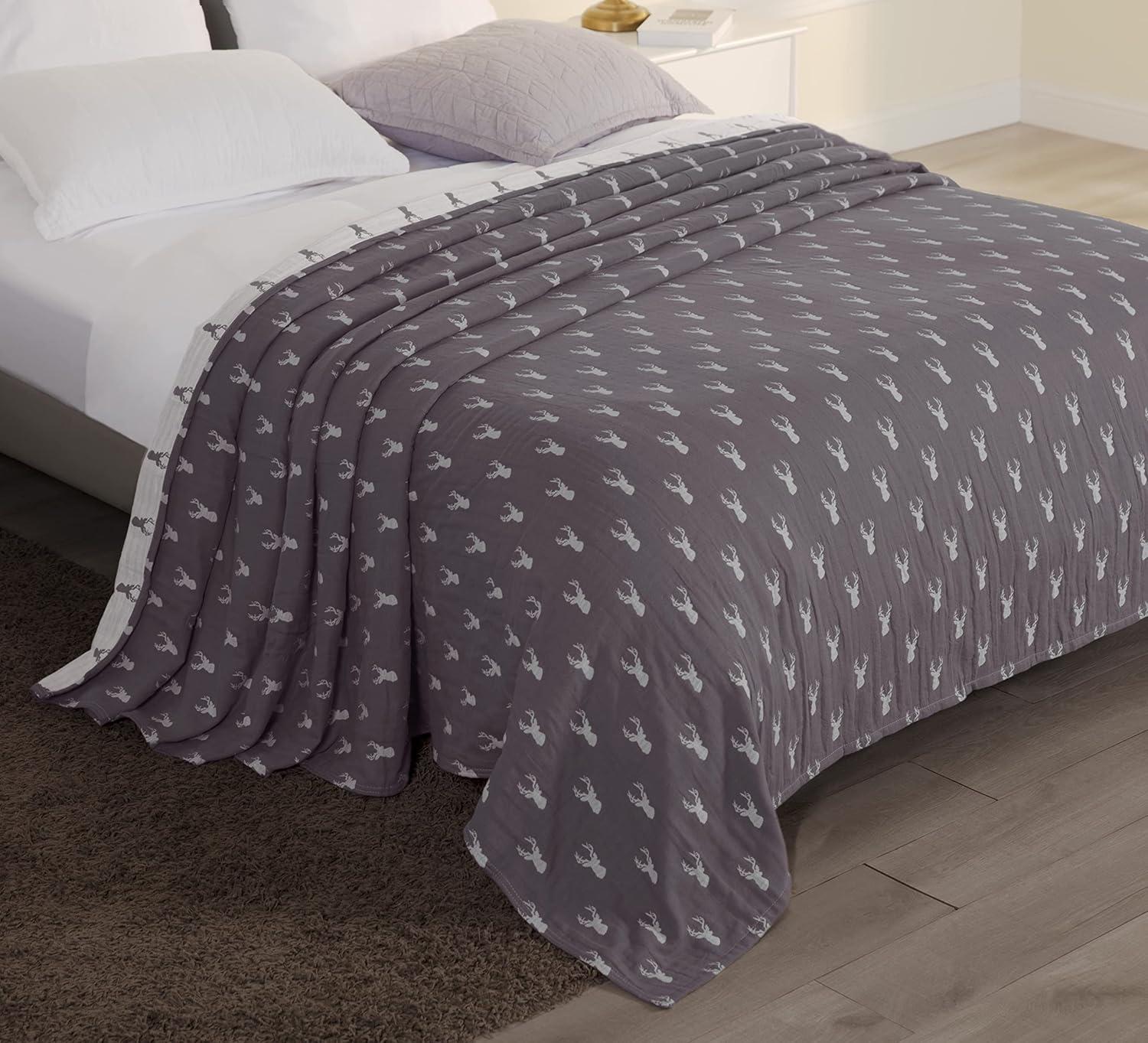 Sterling Creek Elk Three Layers Lightweight Cotton Gauzy Blanket Queen, Gray