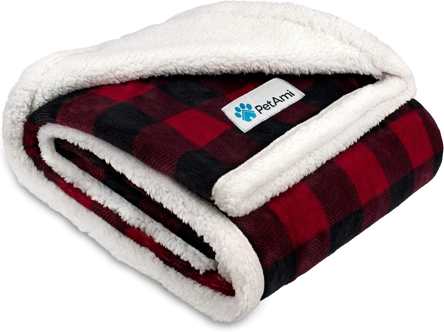 Checkered Red Waterproof Sherpa Pet Blanket for Small to Large Breeds