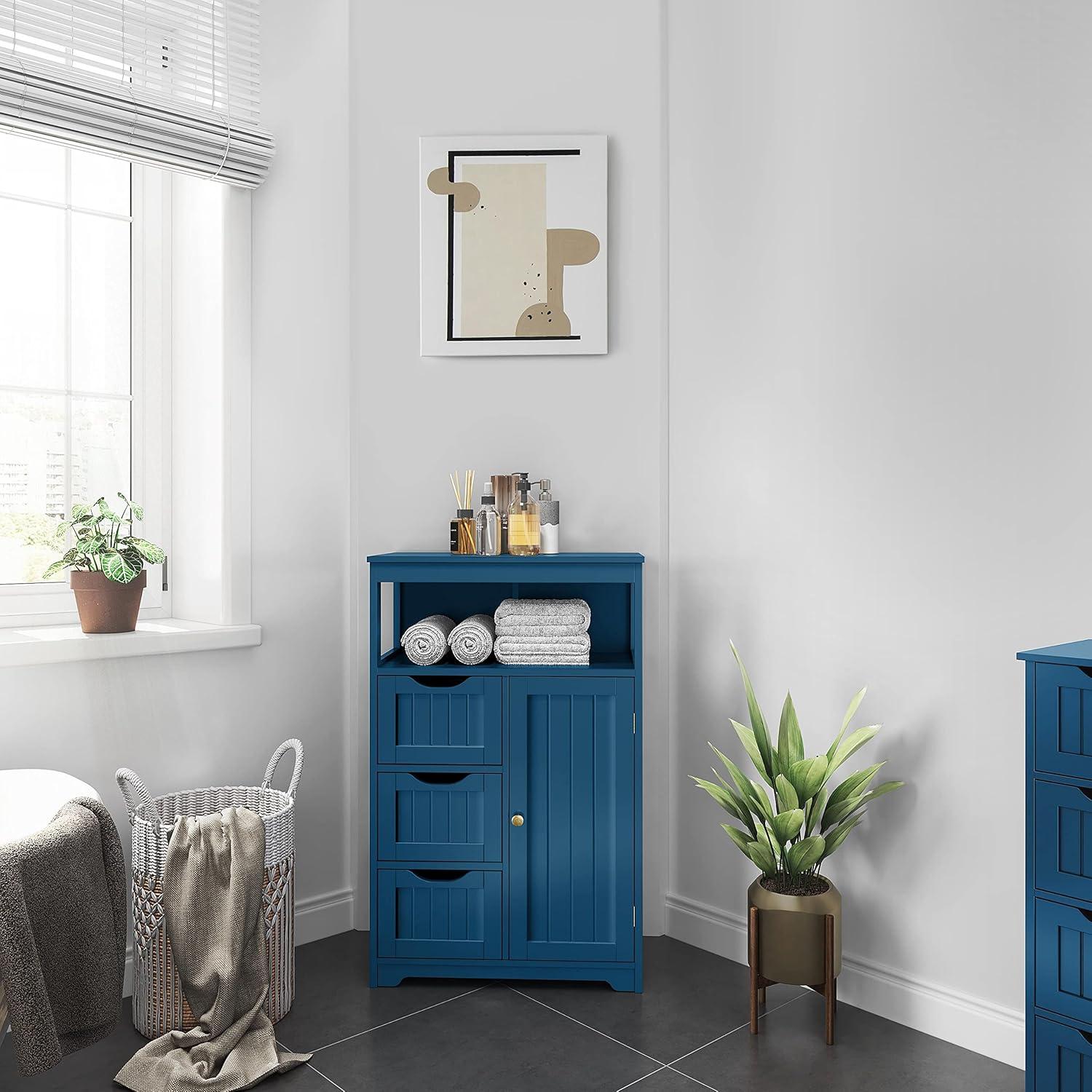 Navy Blue Wooden Bathroom Floor Cabinet with Adjustable Shelves