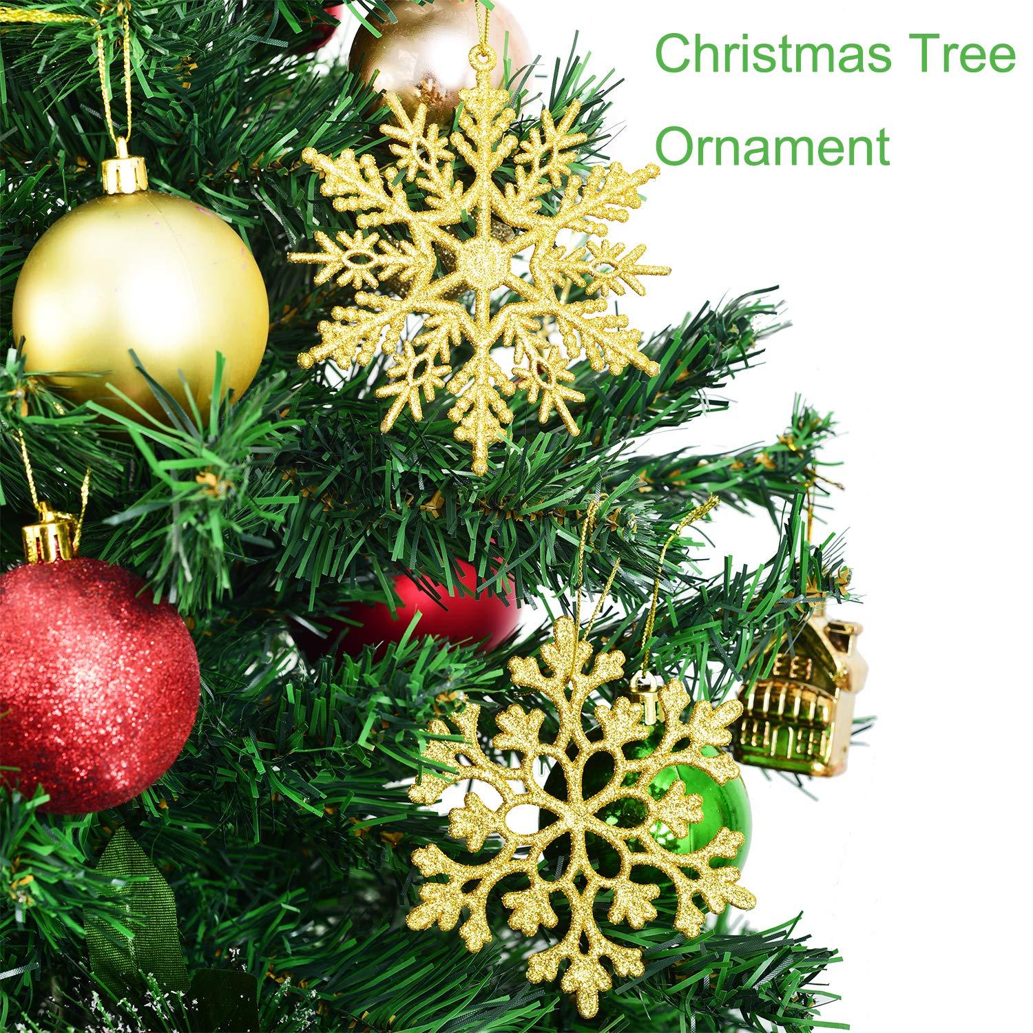 DearHouse 36Pcs Christmas Glitter Snowflake Ornaments, 4 Inch Plastic Snowflake Christmas Tree Ornaments Decorations for Winter Wonderland Christmas Party Decorations, Gold