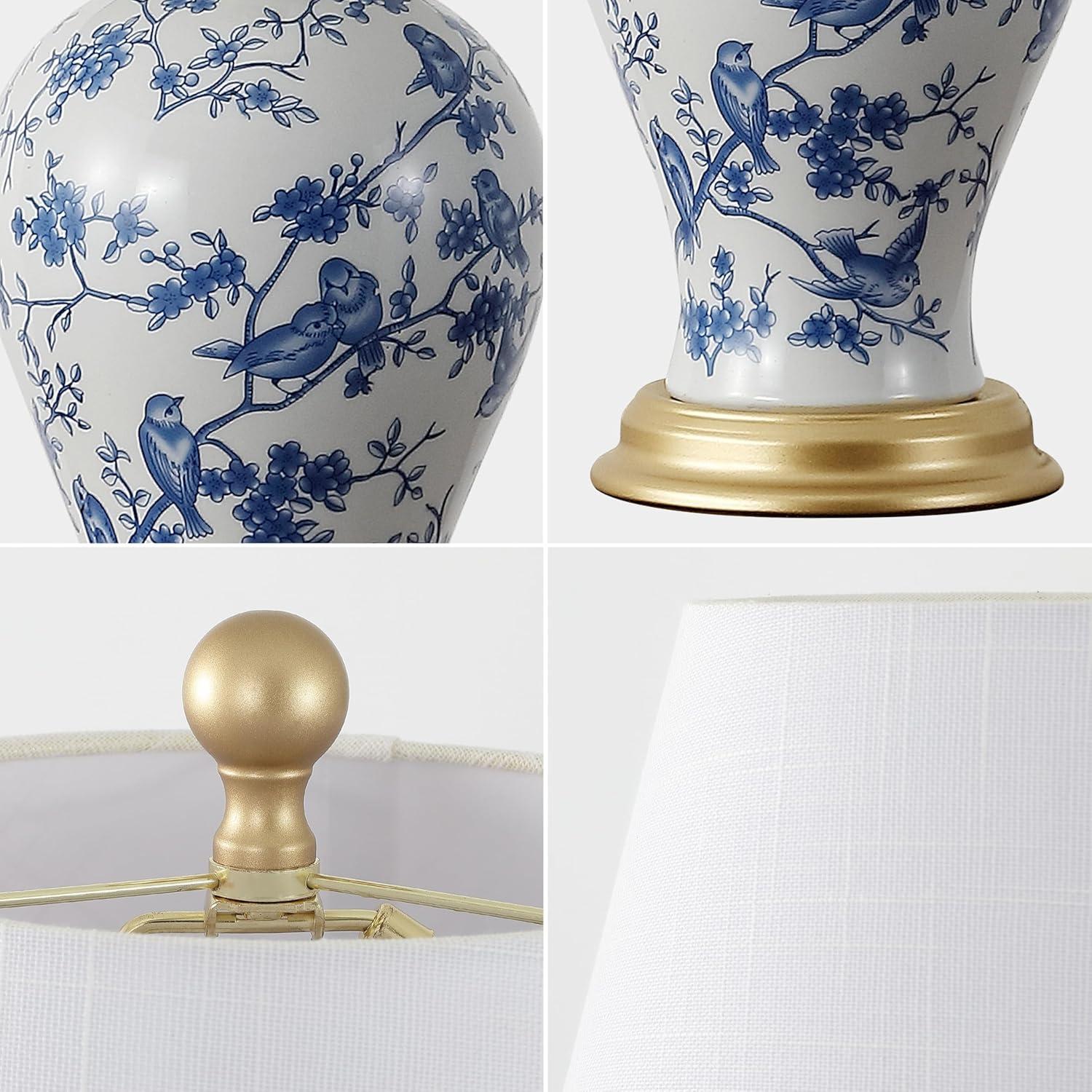 Grace 24" Blue and White Floral Ceramic Table Lamp with Brass Accents