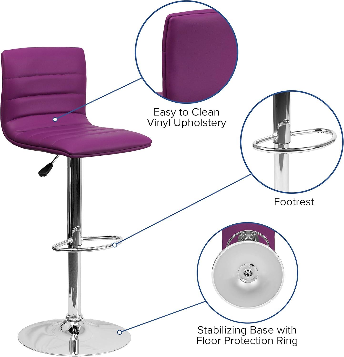 Flash Furniture Modern Purple Vinyl Adjustable Bar Stool with Back, Counter Height Swivel Stool with Chrome Pedestal Base