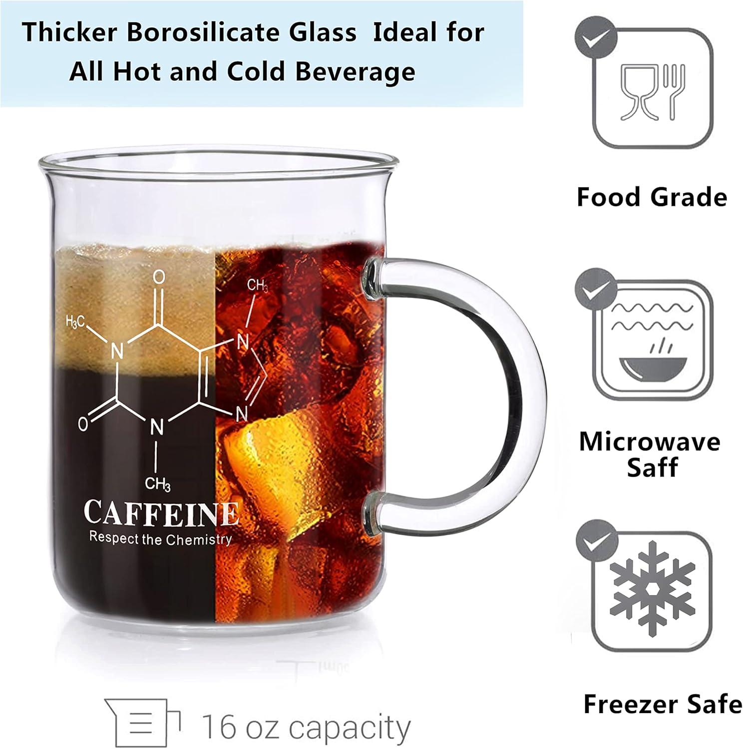 Caffeine Beaker Mug, Caffeine Molecule Mug - Chemistry Mug 16 oz Borosilicate Glass Coffee Mugs with Handle and Measuring for Coffee, Latte, Tea or Hot and Cold Beverage - Tea Coffee Mug