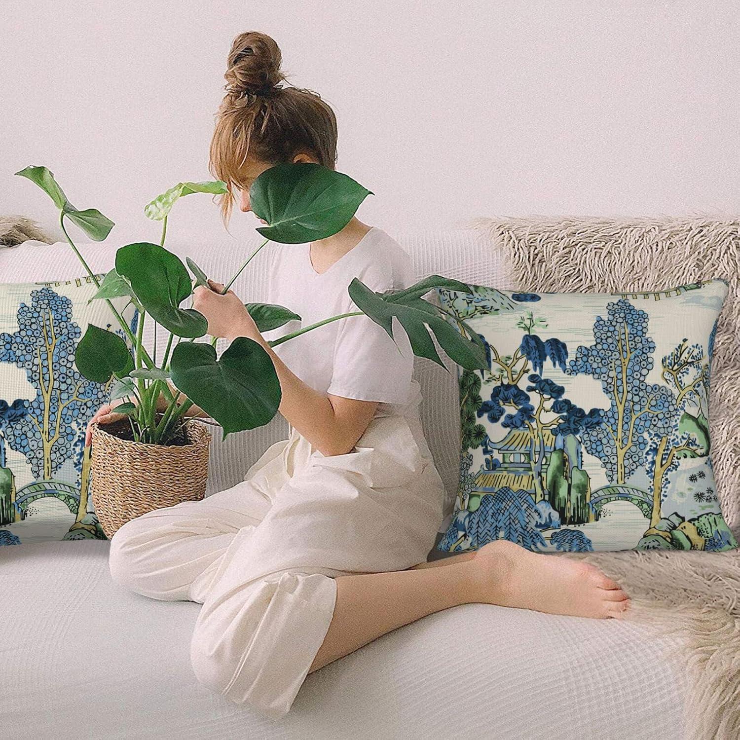 Chinoiserie Pillow Covers 20 x 20 Set of 2 Asian Scenic Linen Throw Pillow Cover Vintage Blue and Green Farmhouse Decorative Pillowcases for Living Room Couch Bed Sofa Outdoor