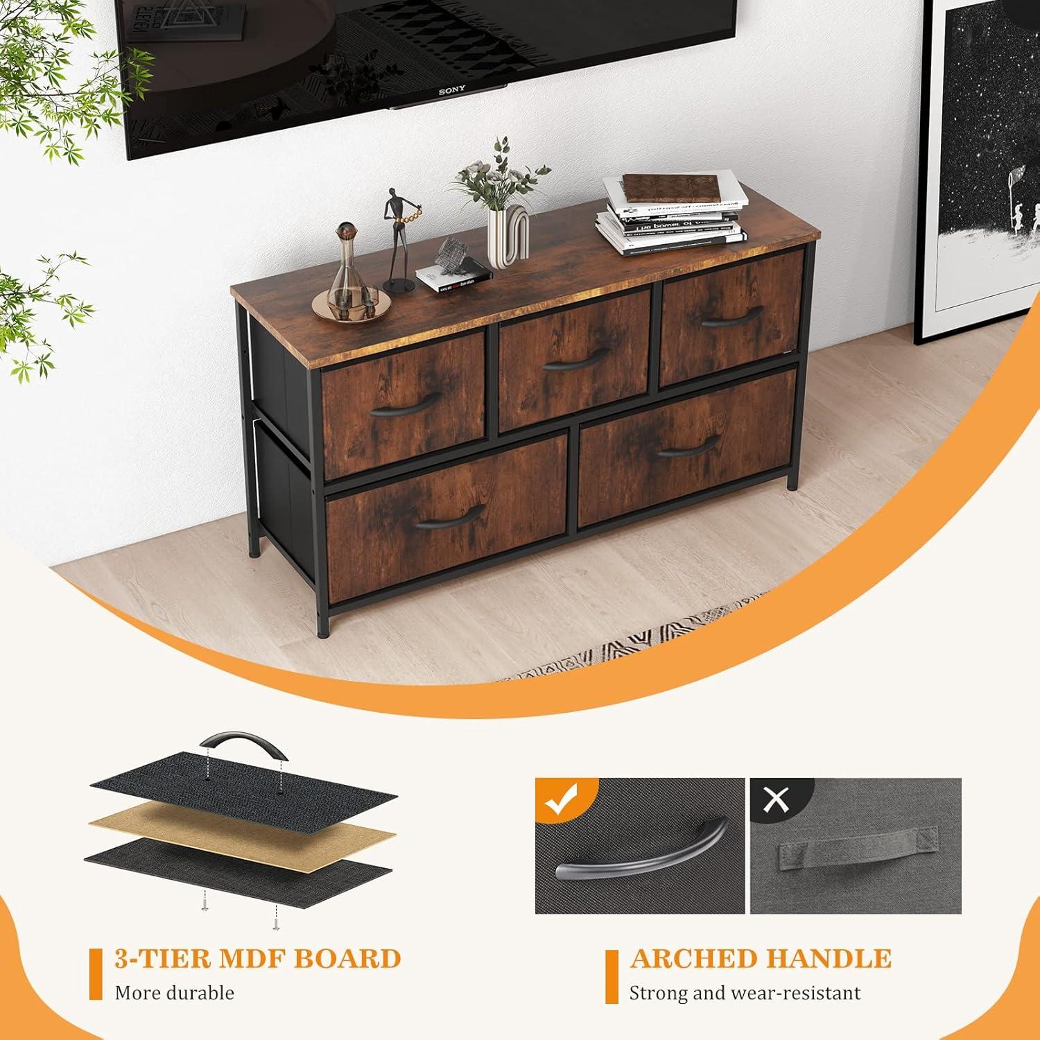 Dresser for Bedroom 5 Fabric Drawers Dresser Clothes Cabinet Storage Organizers and Wood Top Surface Table for TV, Chest of Drawers for Bedroom, Living Room, Hallway, Porch Organization