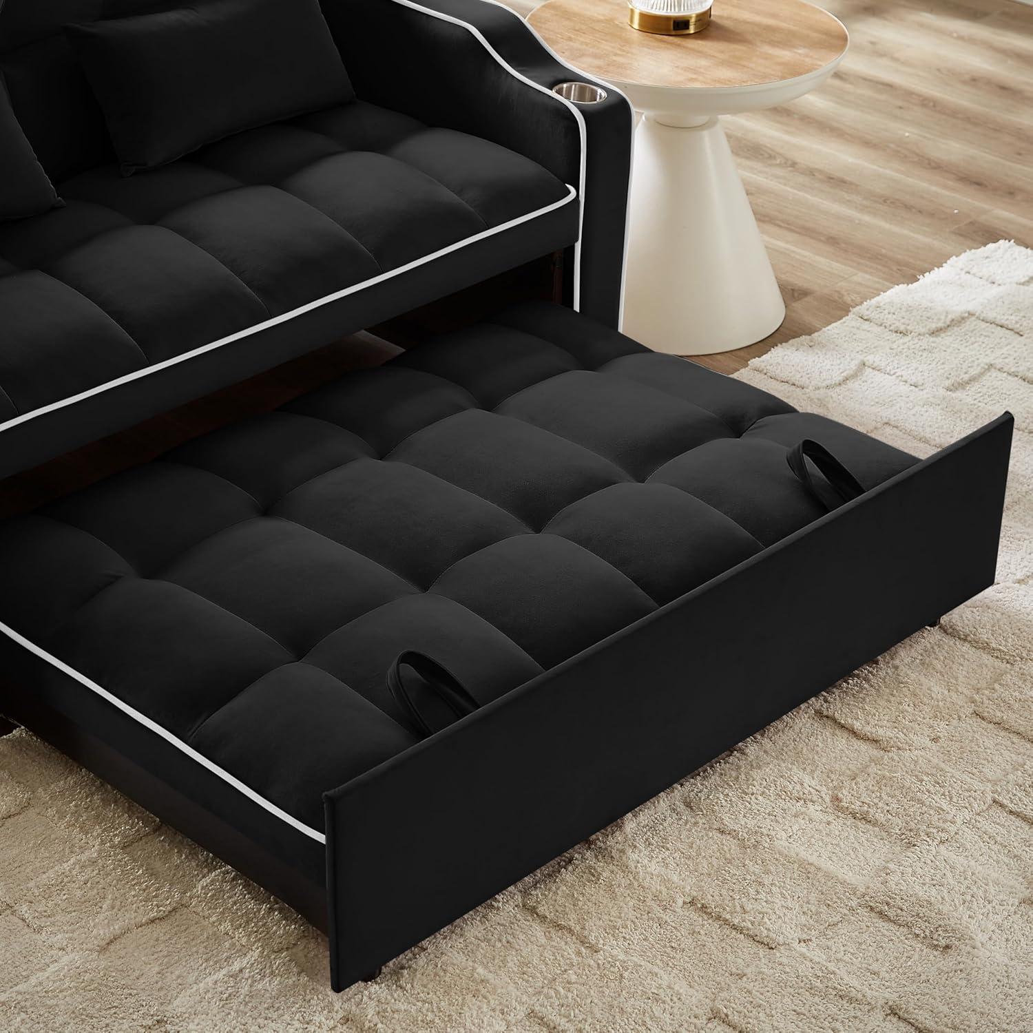 Black Velvet Convertible Sleeper Sofa with USB Ports