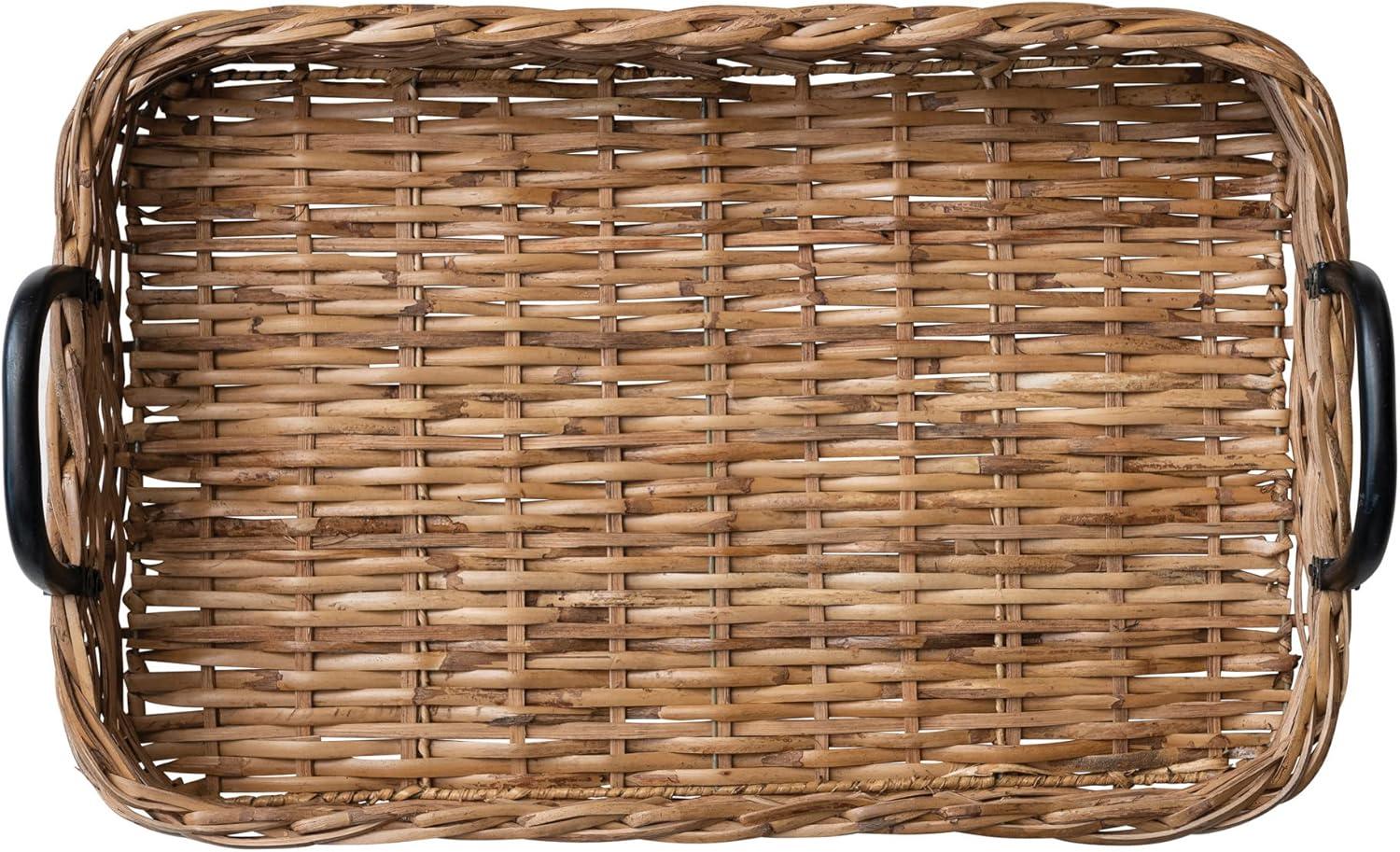 Creative Co-Op Decorative Woven Rattan Tray with Metal Handles, Natural and Black