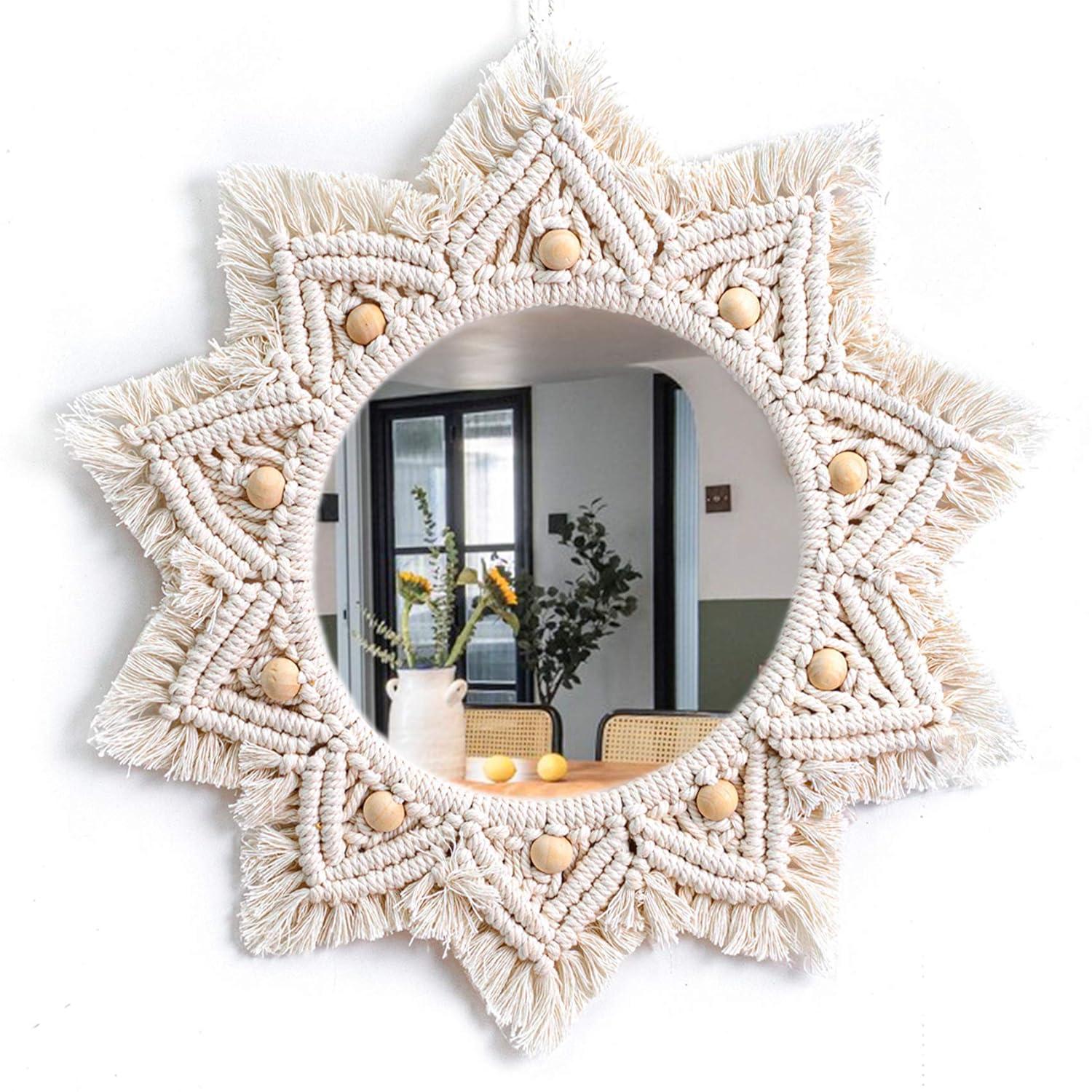 Boho Wall Decor Mirror Macrame Circle Hanging Mirror for Bedroom Living Room Apartment Entryway Home Decor