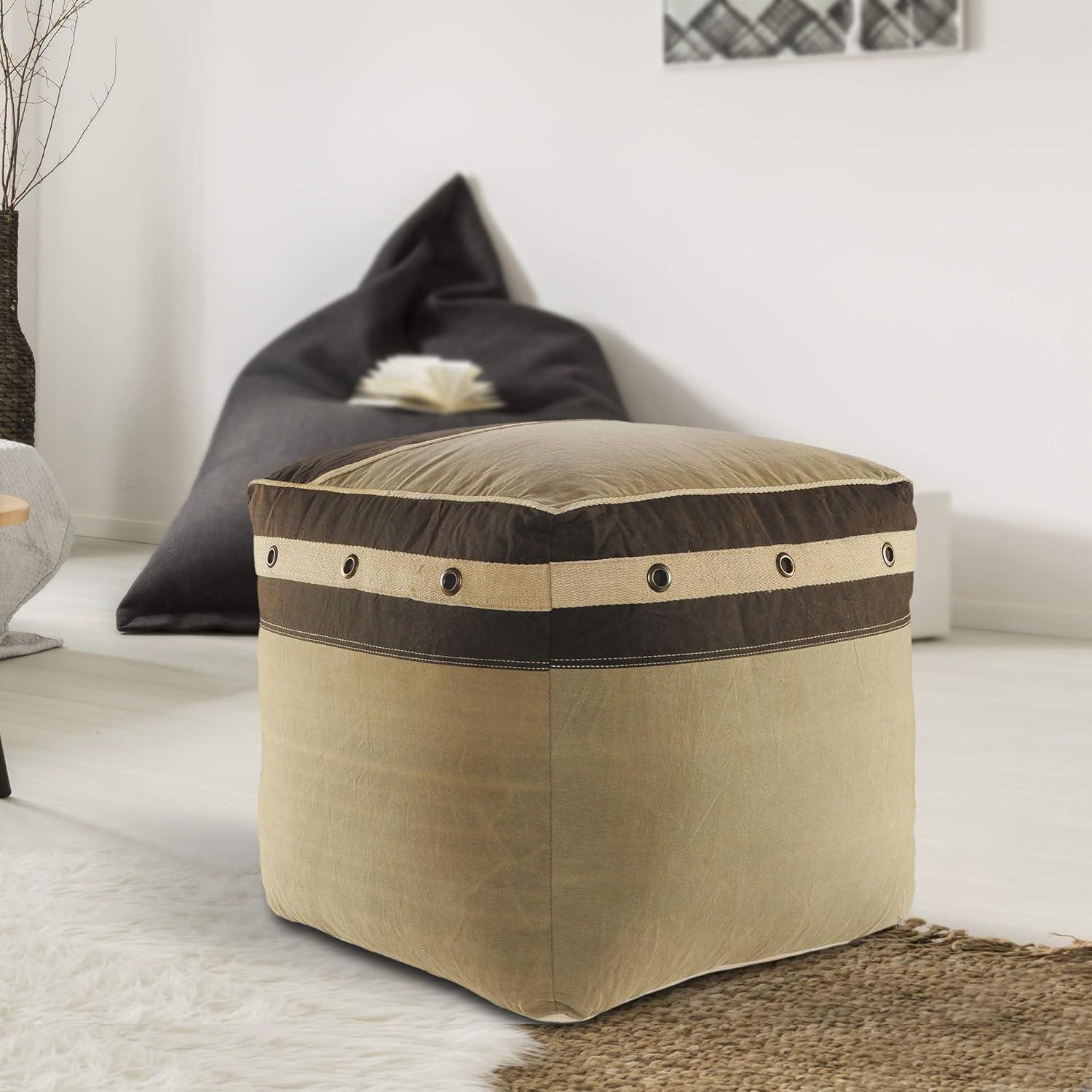 Rustic Farmhouse Striped Border Pouf in Gray/Brown, 20" Cube