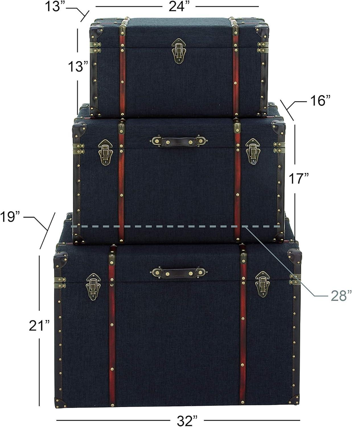 Blue Linen and Brass Accented Nesting Storage Trunks, Set of 3