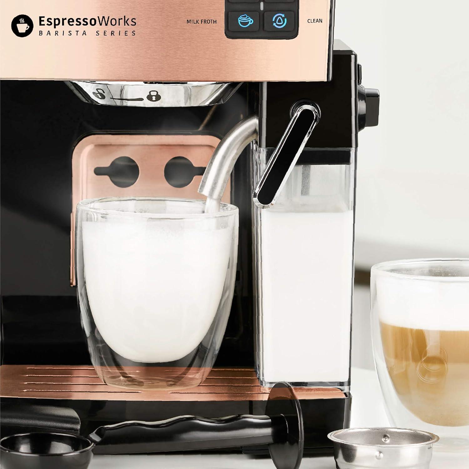 EspressoWorks 19-Bar Espresso, Latte and Cappuccino Maker 10-Piece Set - Brew Cappuccino and Latte with One Button - Espresso Machine with Milk Steamer 1250W - Coffee Gifts (Rose Gold)