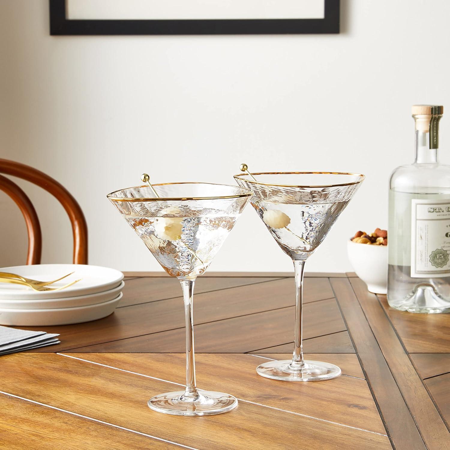 Handmade Hammered Glass Martini Set with Gold Rim and Picks