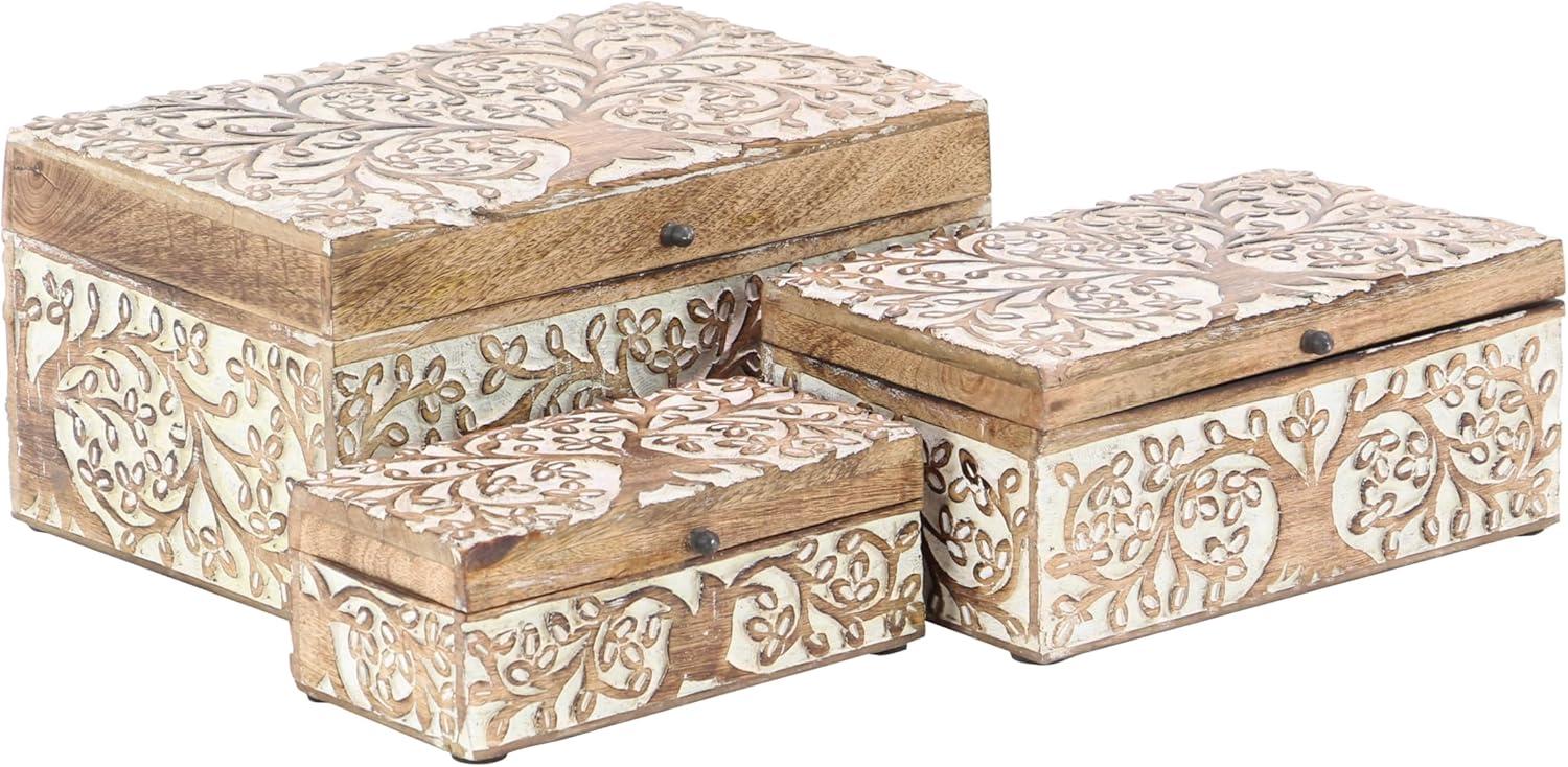 Set of 3 Brown Mango Wood Floral Decorative Boxes