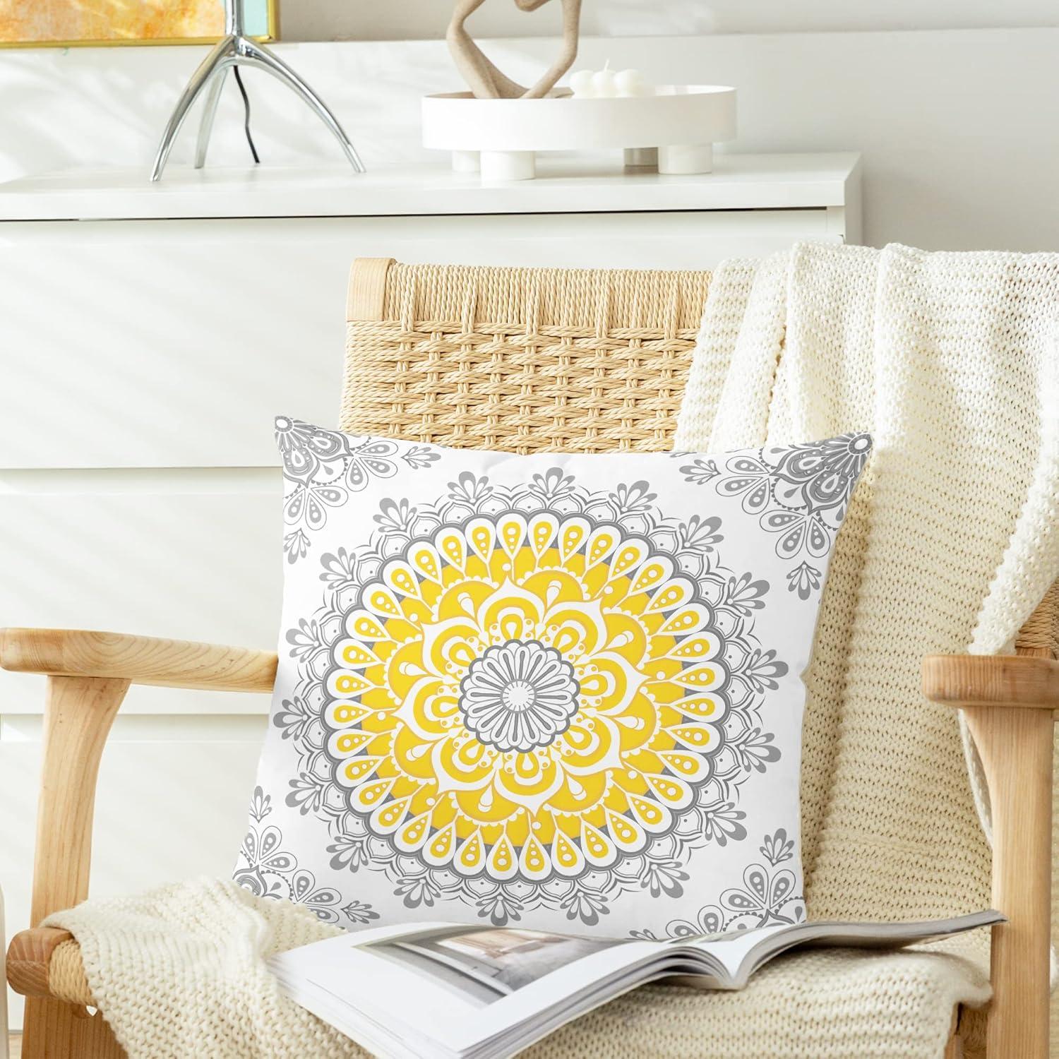 CaliTime Throw Pillow Covers Pack of 2 Cozy Fleece Mandala Dahlia Floral Medallion Compass Style Cushion Cases for Couch Bed Sofa Farmhouse Decoration 18 X 18 Inches Yellow Grey
