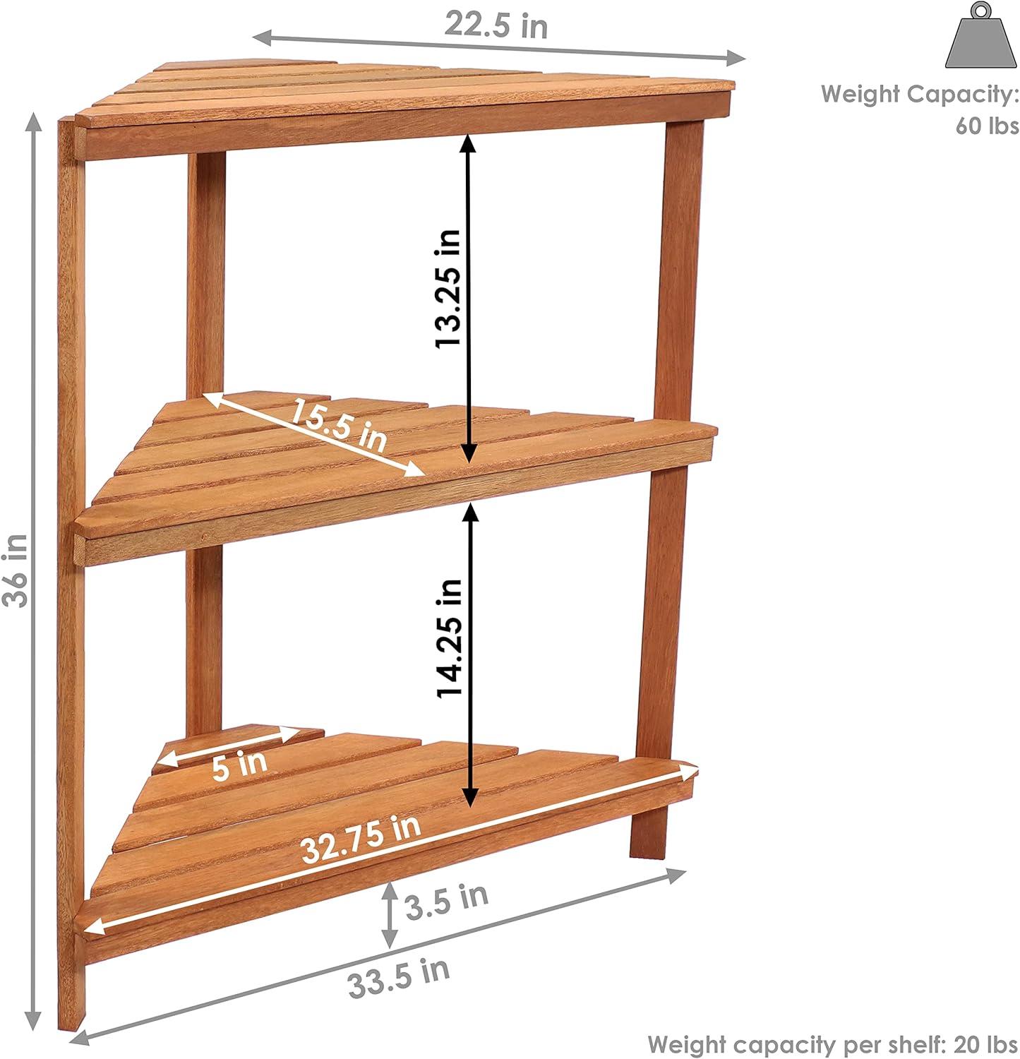 Sunnydaze Indoor/Outdoor Meranti Wood with Teak Oil Finish 3-Tiered Corner Flower Plant Stand Shelf Display - 36" - Brown