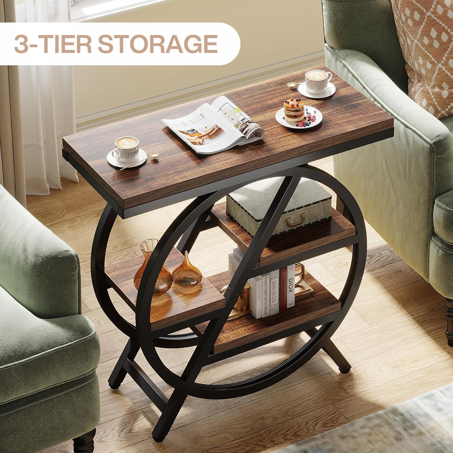 Rustic Brown Wood and Black Metal 3-Tier End Table with Storage