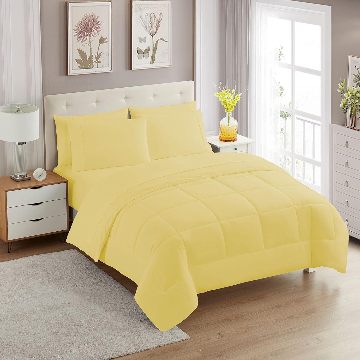 Bed-in-A-Bag Solid Color Comforter & Sheet Set Soft All Season Bedding, Twin XL, Yellow