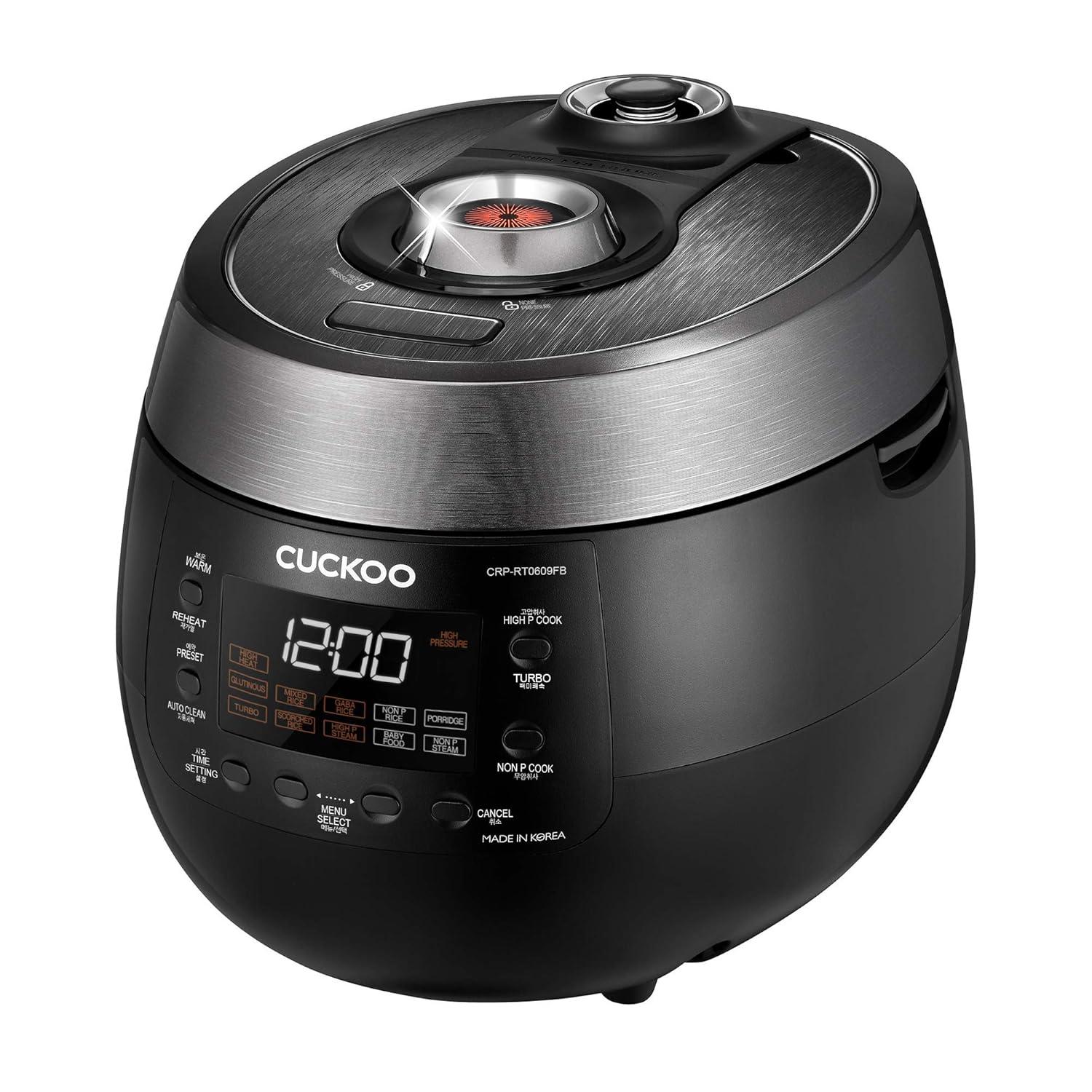 Cuckoo Electronics CUCKOO 6-Cup Twin Pressure Rice Cooker & Warmer with Nonstick Inner Pot, 14 Menu Options, Safe Steam Release, 3 Voice Guide, Auto Clean (Black) CRP-RT0609FB