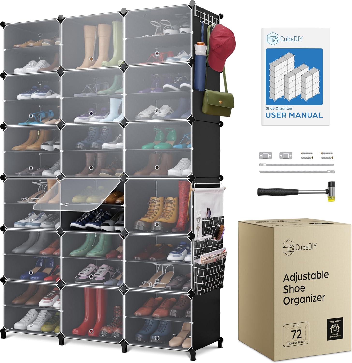Shoe Organizer Cabinet Up to 72 Pairs, Shoe Closet-Covered Shoe Rack with See-Through Door (Clear, Plastic, Stackable) Cubby Portable Shoe Organizer with Covers, Hooks & Pockets, Black
