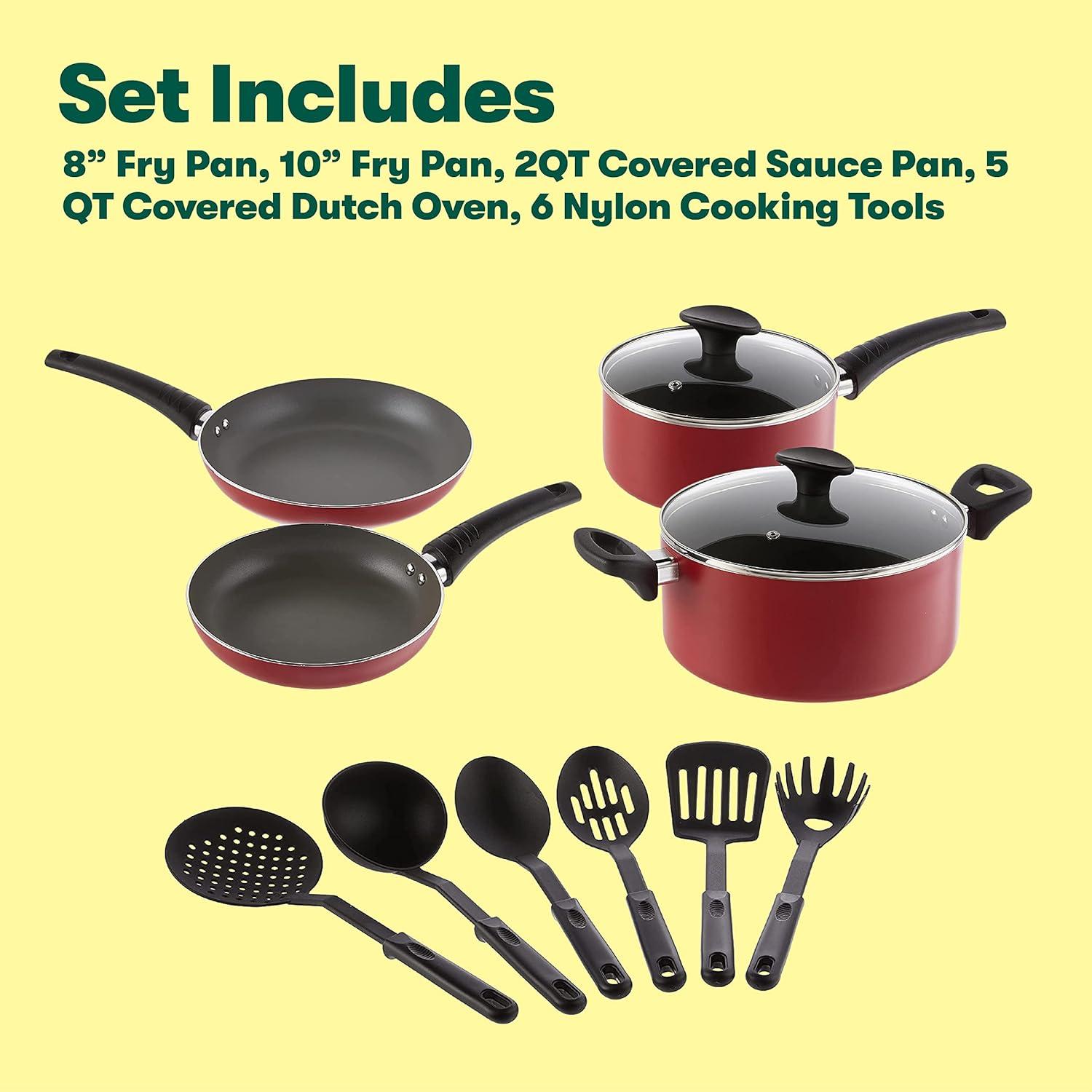 Cookware Set, 12 Piece Pots and Pans with Utensils, Nonstick PFOA Free Scratch Resistant Cooking Surface Compatible with All Stoves, Nylon and Aluminum, Black