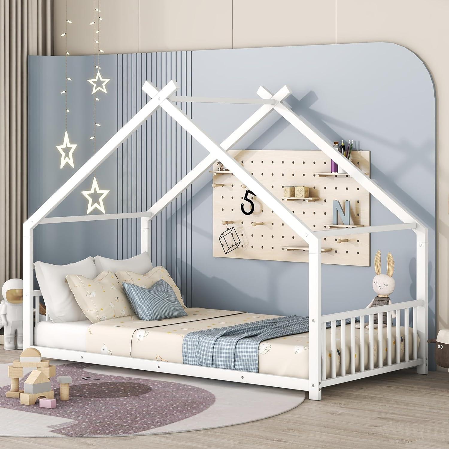 Gewnee Twin Size House Bed with Roof and Fence,Metal Montessori Platform Bed for Toddle and Kids,White