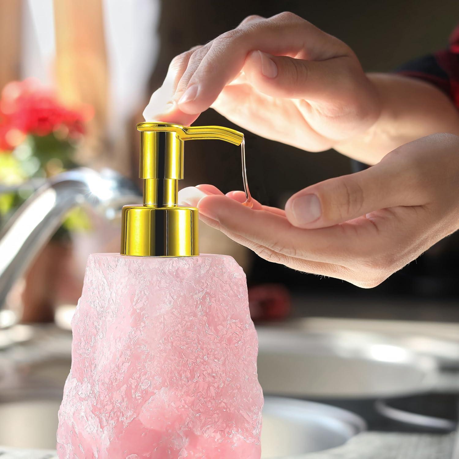 Rose Quartz Crystal Dispenser - Glossy Gold Color Pump - Natural Stone Soap Dispenser for Bathroom