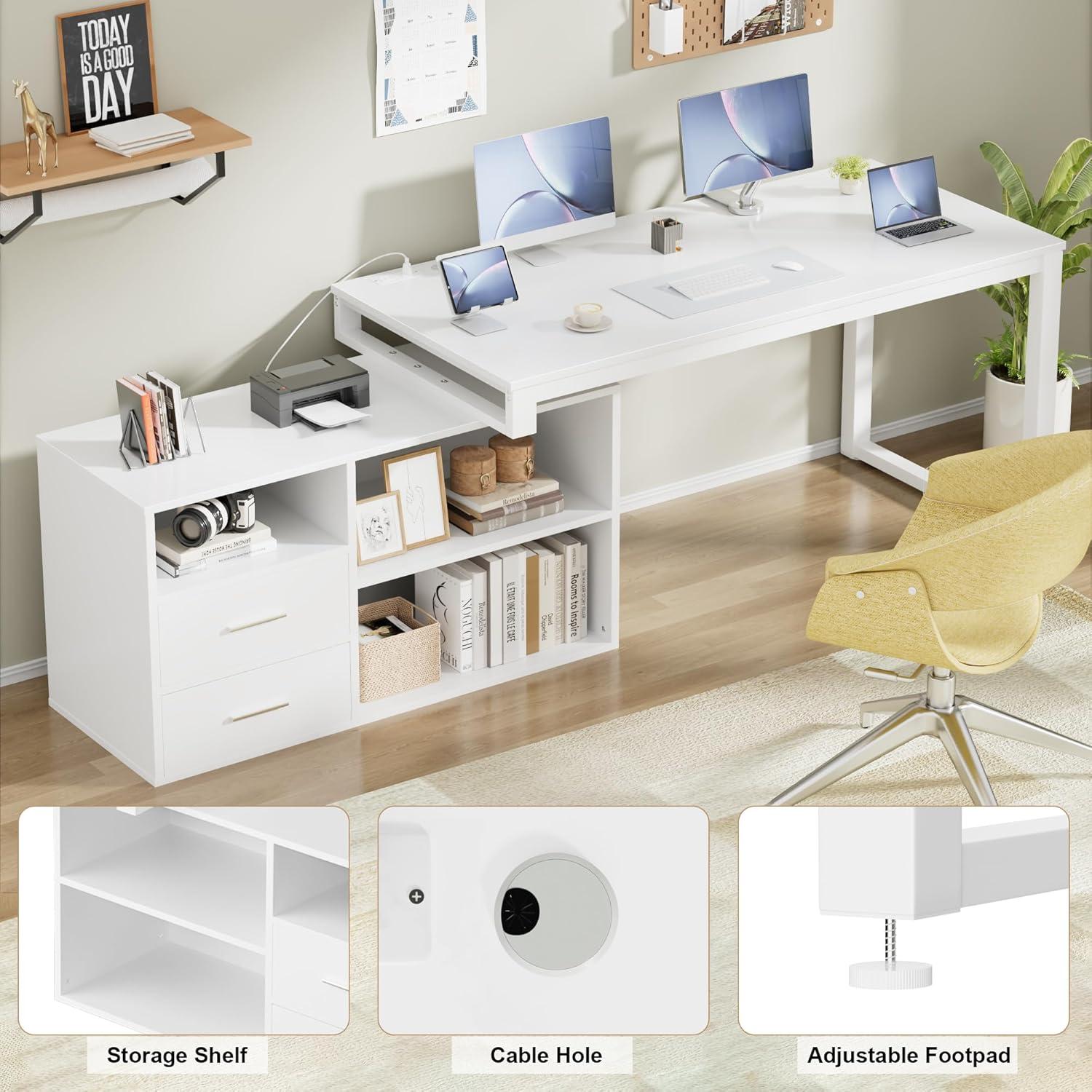 Furmax 55" L-Shaped Corner Computer Desk with File Cabinet, Power Outlet, Home Office Desk with 2 Drawers and 3 Storage Shelve, Workstation Executive Desk with Storage Shelf for Home Office, White