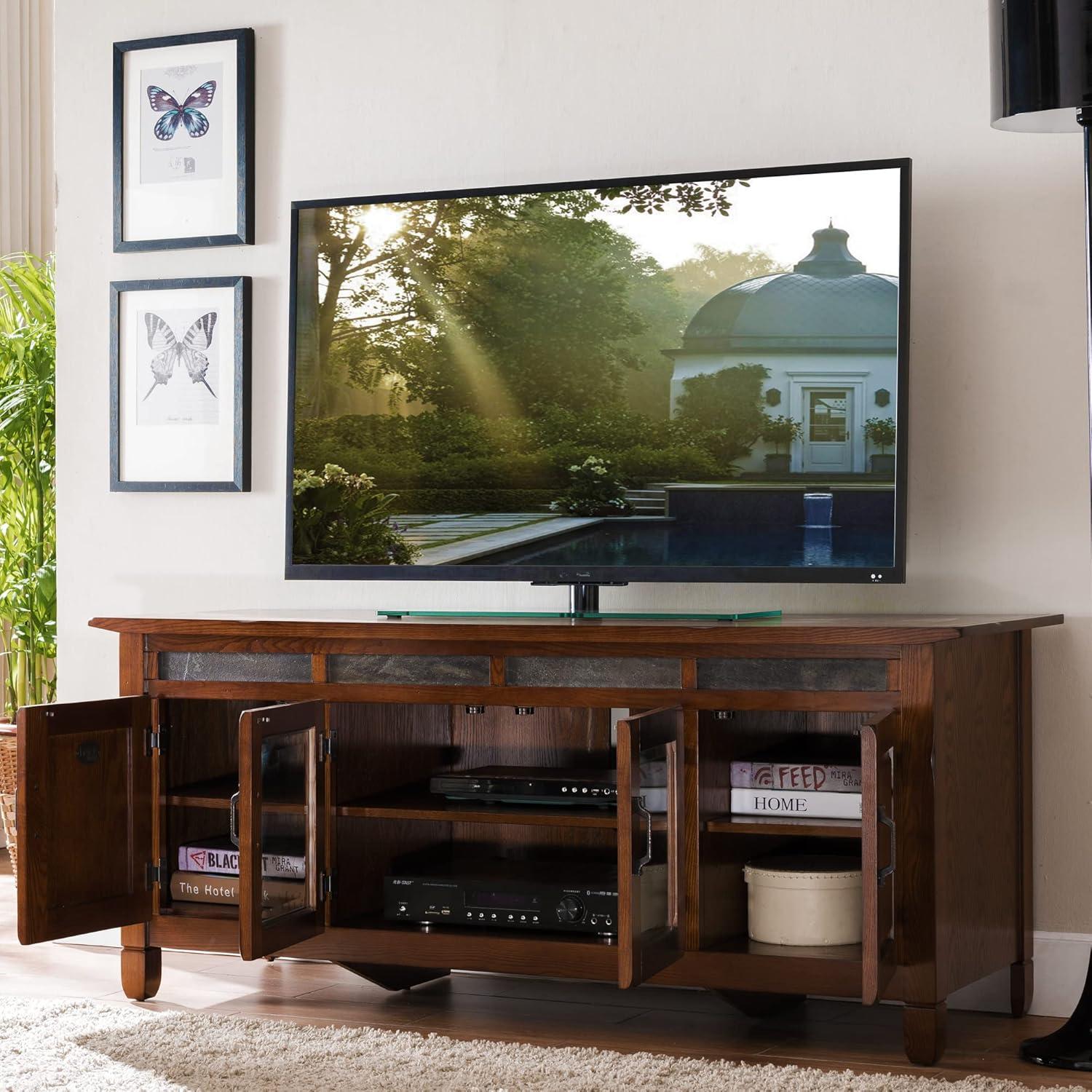 Leick Home 89360 Rustic Oak TV Stand with Slate Tiles and Enclosed Storage For 65" TV, Distressed Rustic Autumn