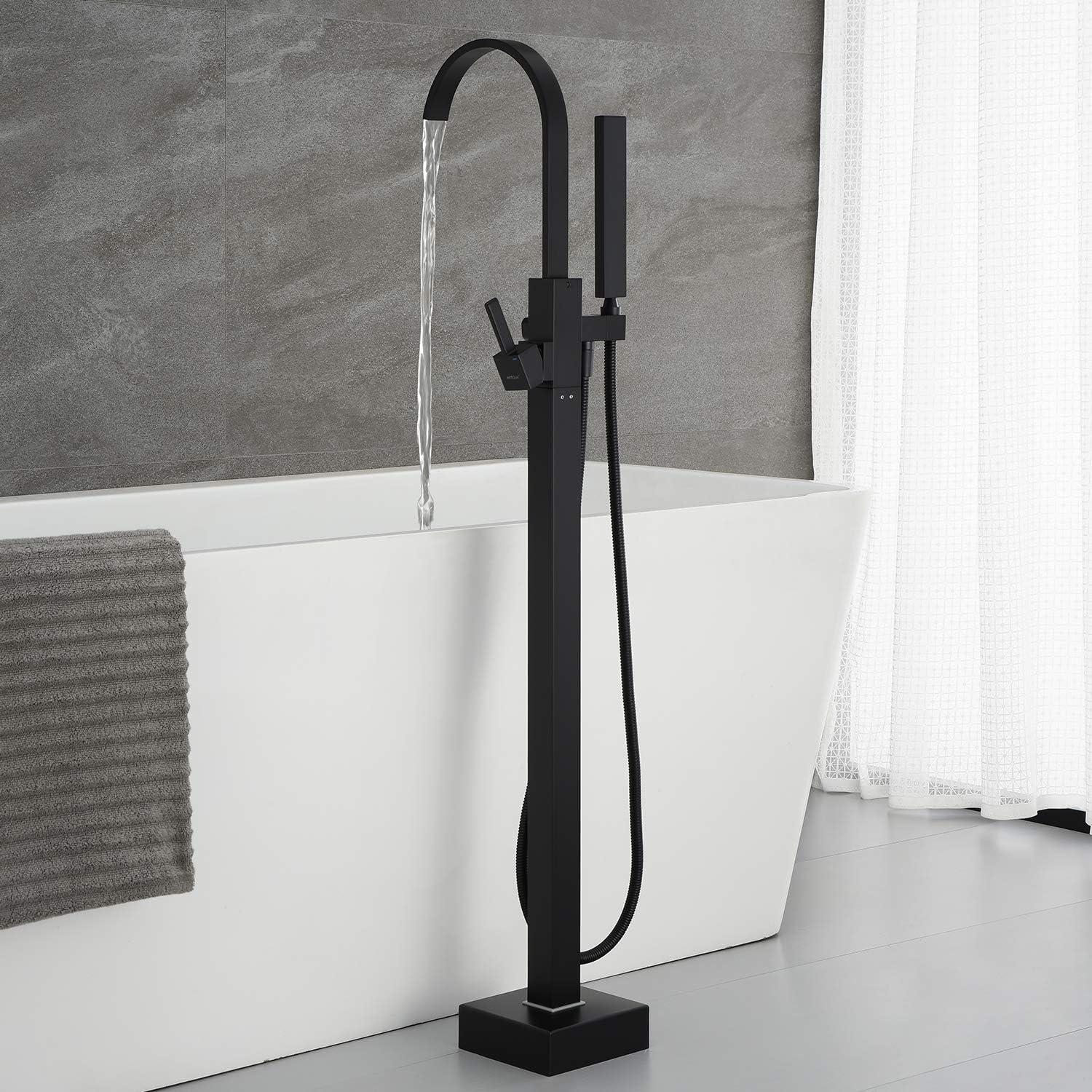 Matte Black Freestanding Floor Mount Tub Faucet with Hand Shower