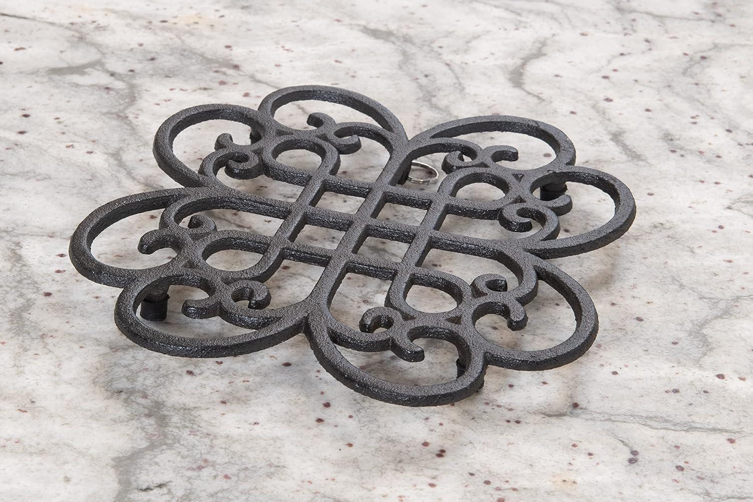 gasaré, Cast Iron Trivet for Hot Dishes, Pots, and Pans, Metal Trivet, Classic Design, Rubber Feet Caps, Ring Hanger, 9 Inches, Brown, 1 Unit C43