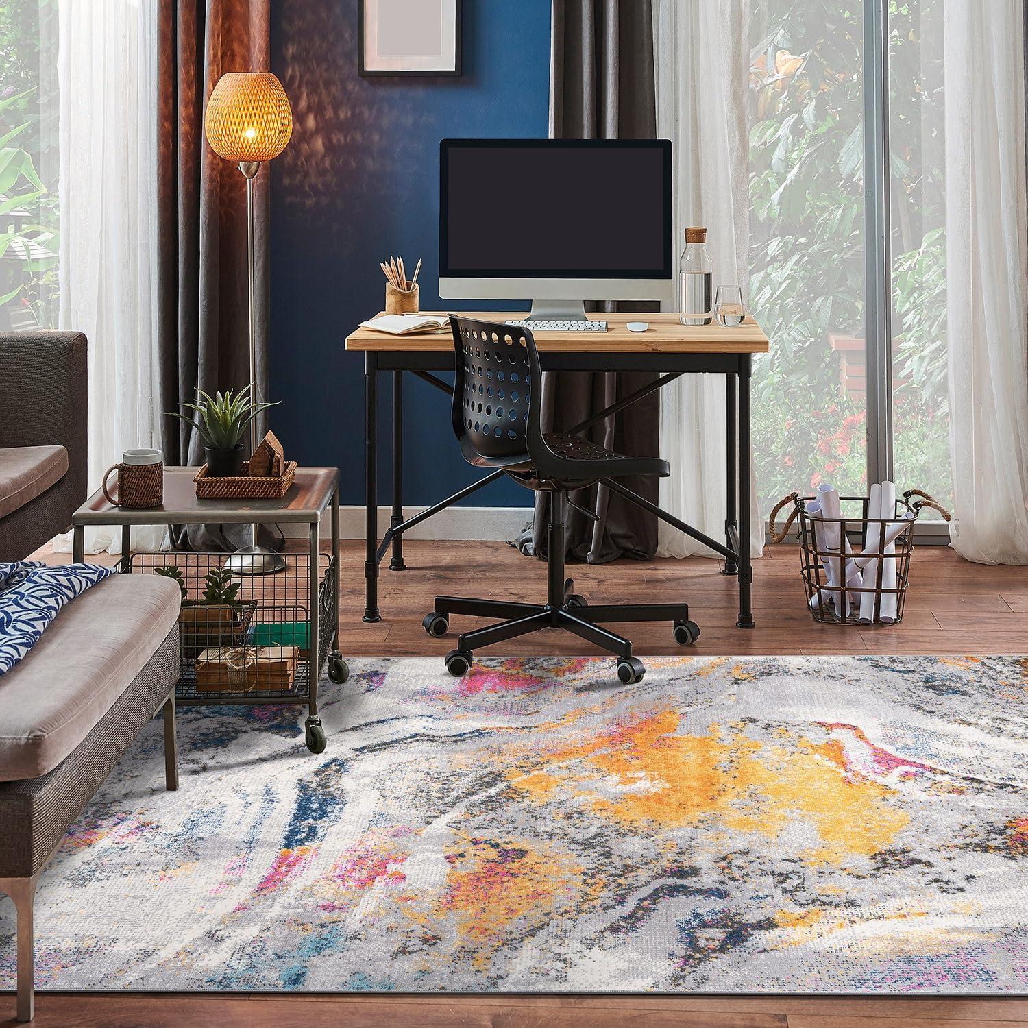 World Rug Gallery Distressed Contemporary Abstract Watercolor Stain Resistant Soft Area Rug